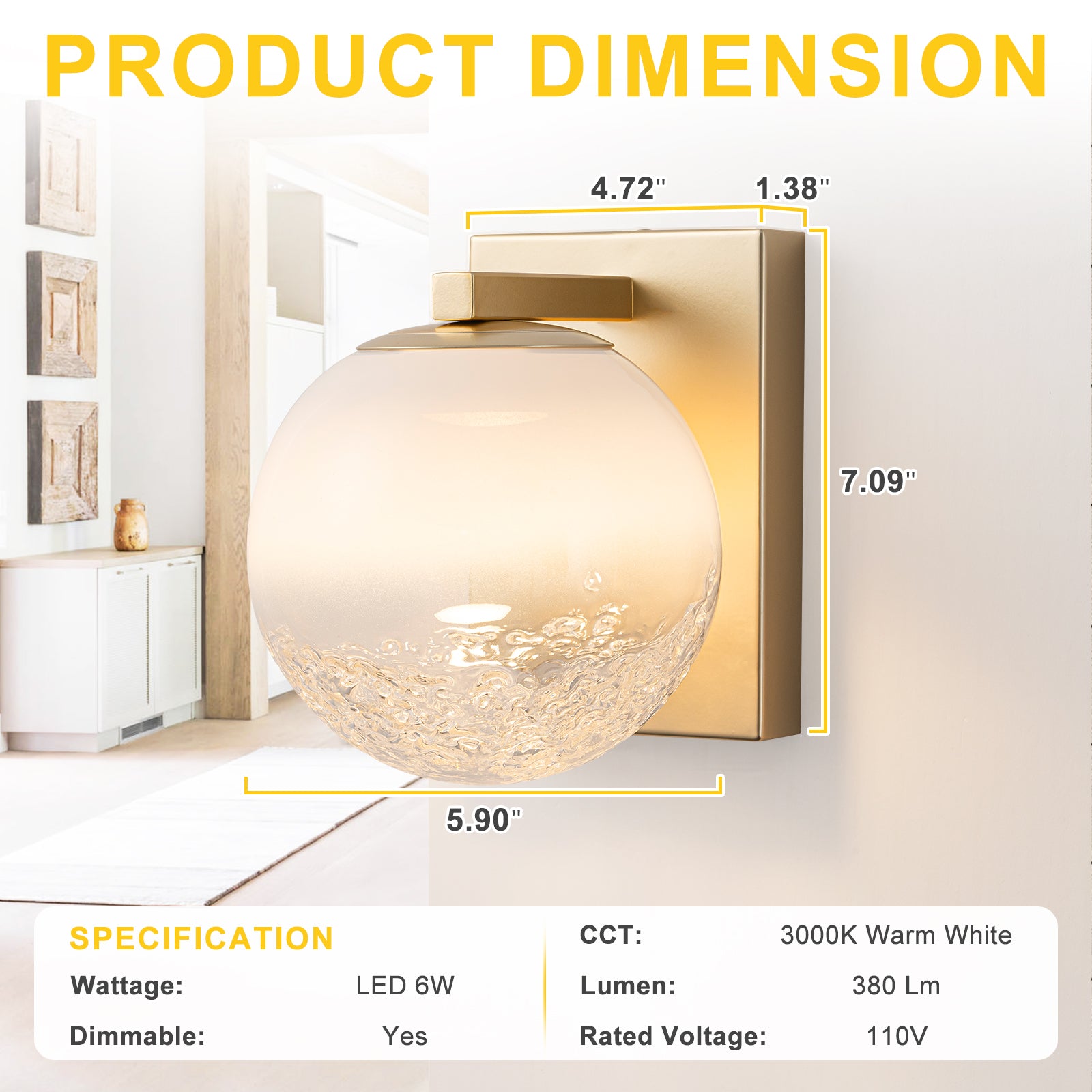 5.9 in. 1-Light Modern Gold Globe Integrated LED Wall Sconce Light with White Glass Shade for Bathroom Hallway