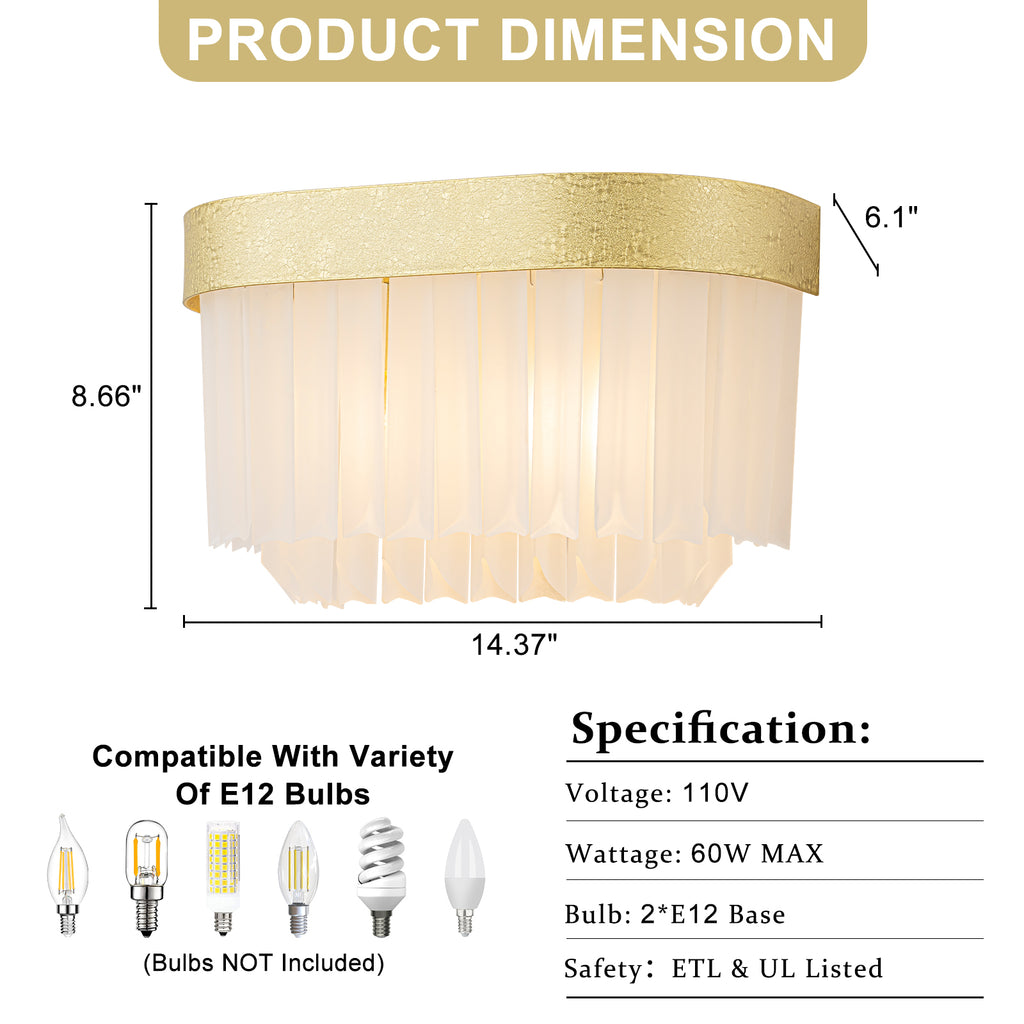 14.37 in. 2-Light Modern Gold Metal Wall Sconce with Frosted Glass Shades