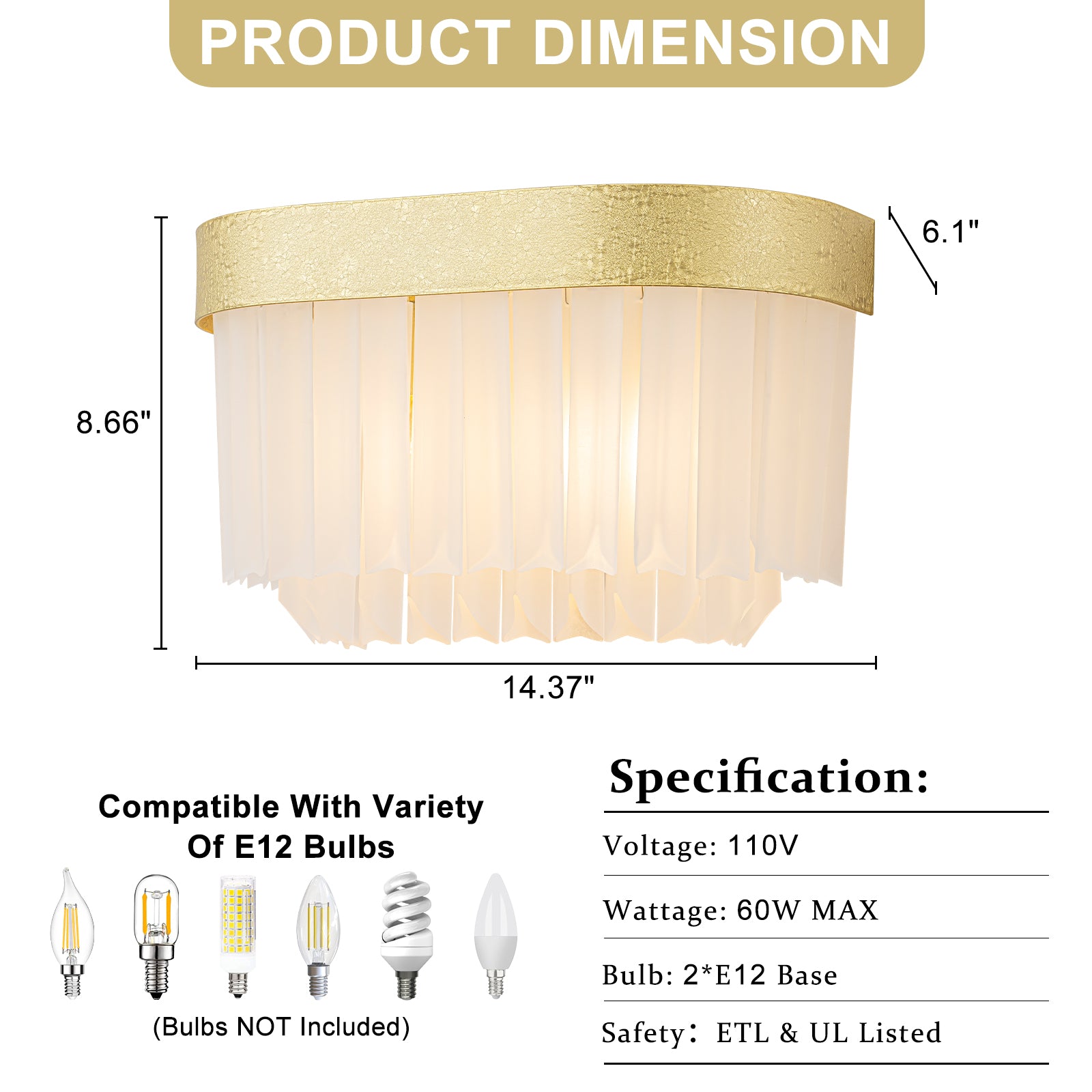 14.37 in. 2-Light Modern Gold Metal Wall Sconce with Frosted Glass Shades