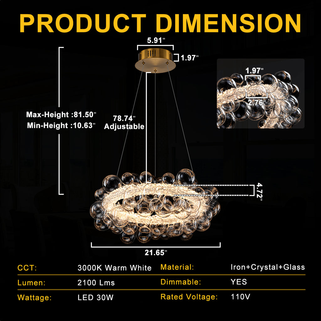 1-Light Gold Modern Round Globe Crystal Integrated LED Chandelier Dimmable Pendant Light with Glass Bubbles