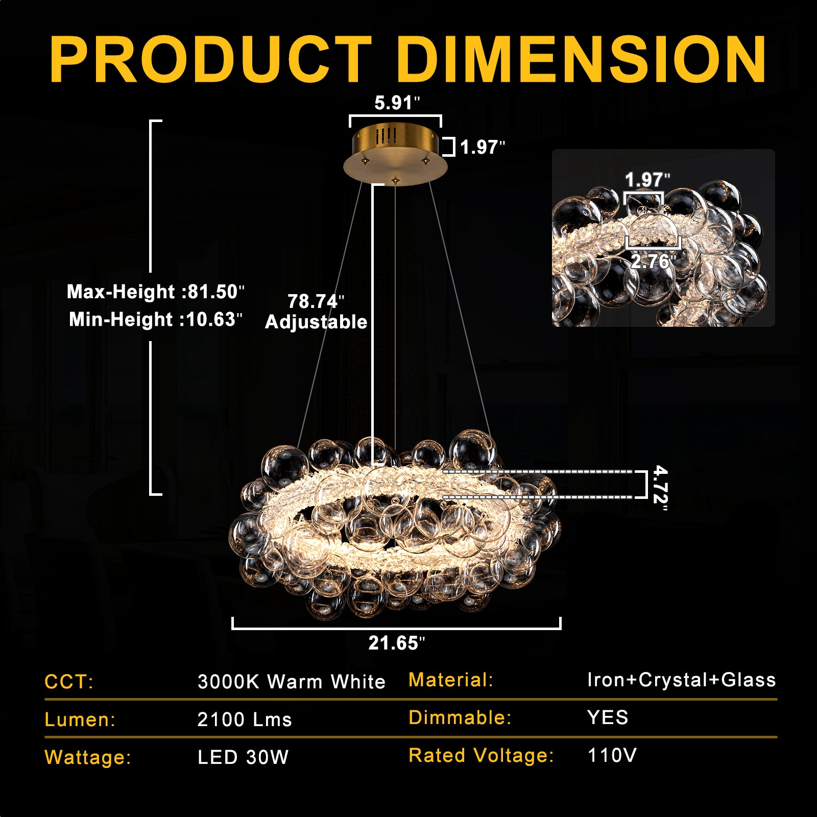1-Light Gold Modern Round Globe Crystal Integrated LED Chandelier Dimmable Pendant Light with Glass Bubbles