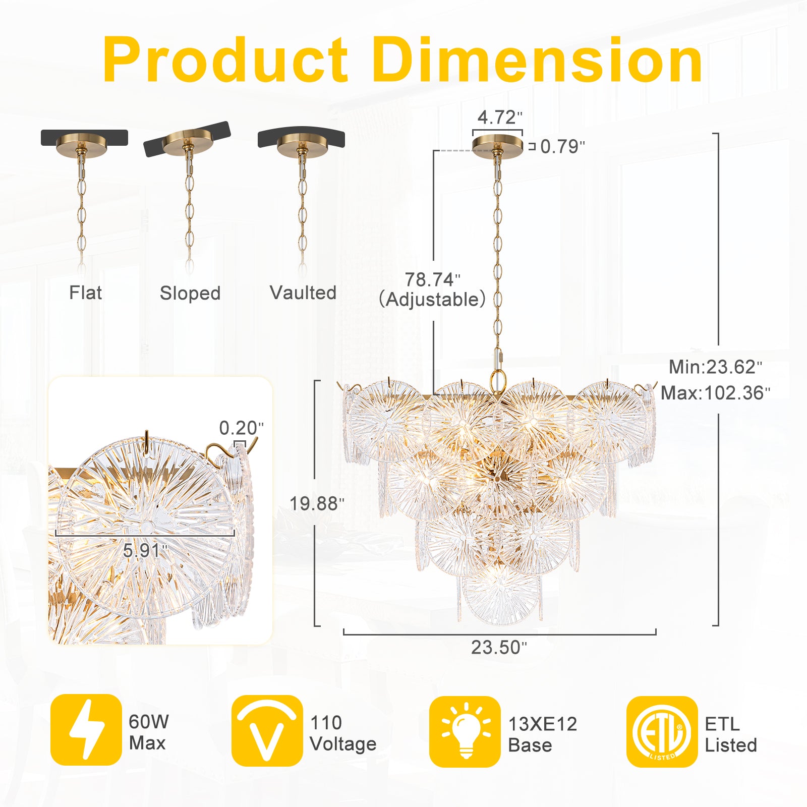 24 in. 13-Light Modern Gold Square Tiered Chandelier with Textured Clear Glass Petal Shades for Living Room