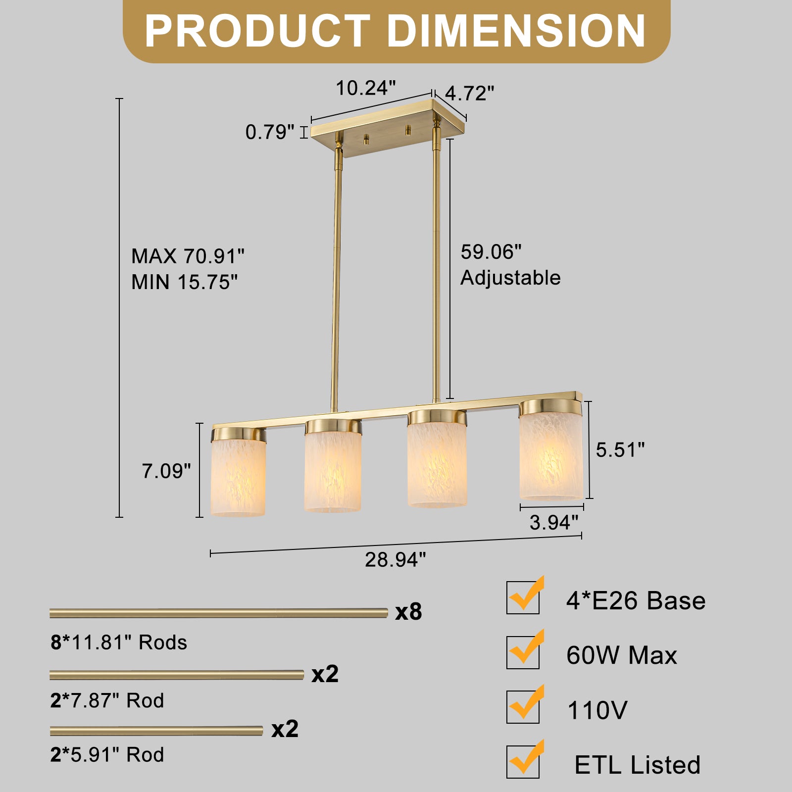 28.94 in. 4-Light Modern Copper Metal Linear Chandelier Island Pendant Light with Cylinder Glass Shades for Dining Room