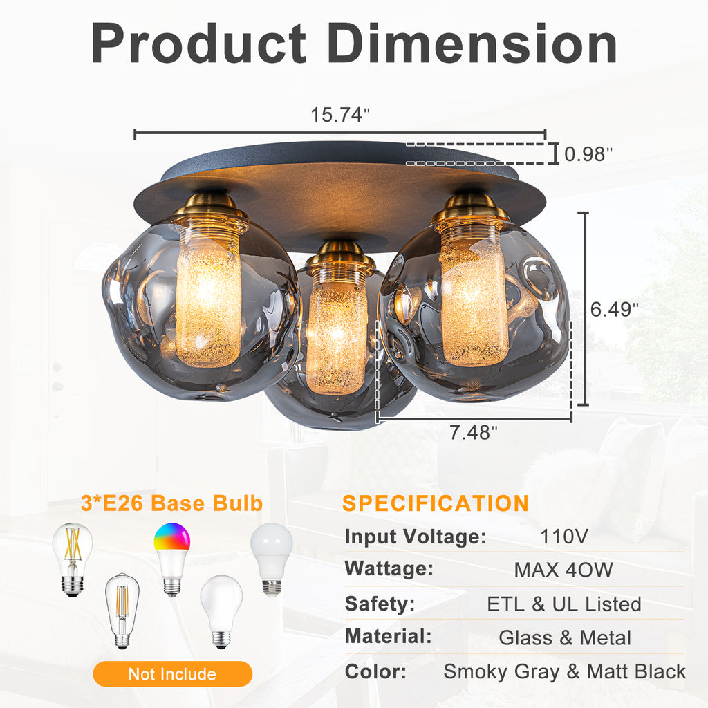 17.7 in. 3-Light Modern Black Metal Flush Mount Ceiling Light with Globe Smoky Gray Glass Shades for Dining Roo