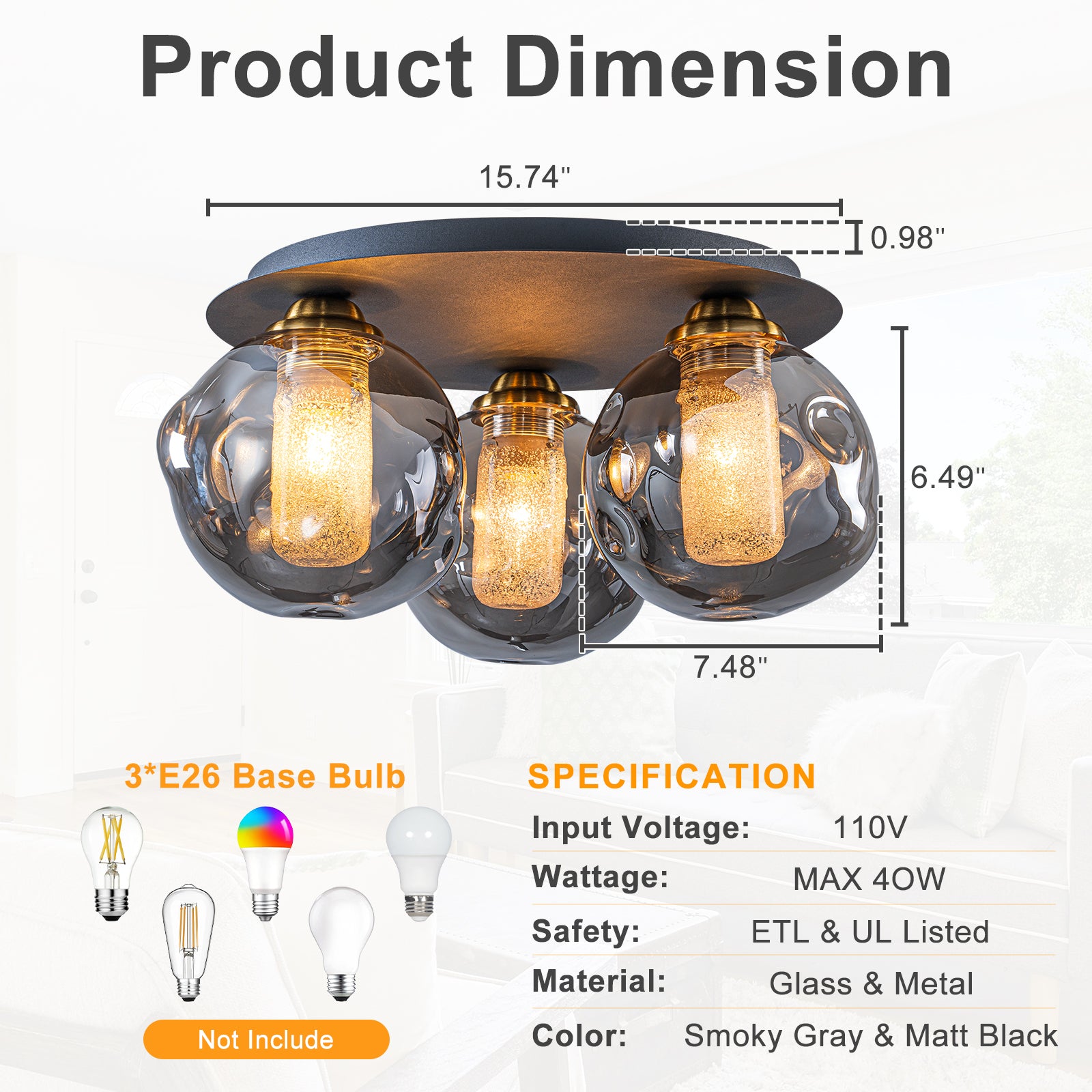17.7 in. 3-Light Modern Black Metal Flush Mount Ceiling Light with Globe Smoky Gray Glass Shades for Dining Roo
