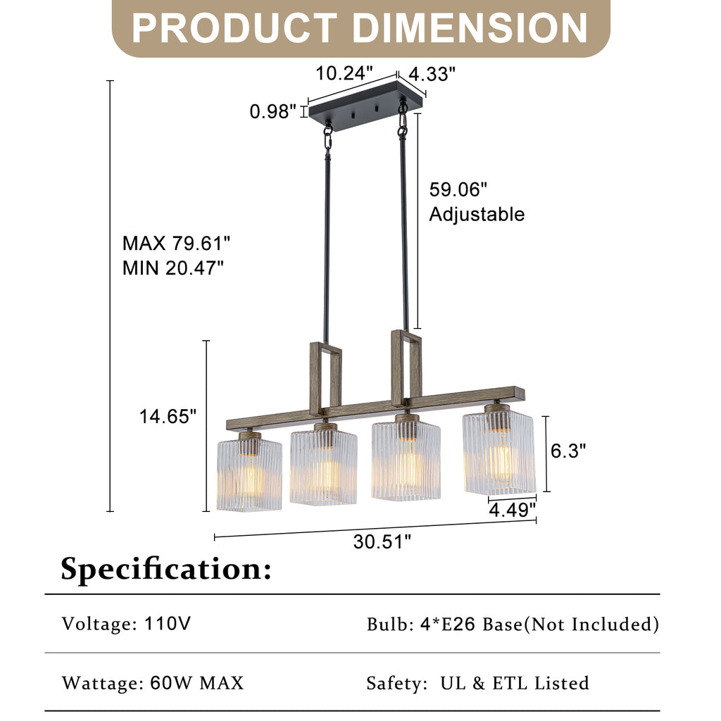 30.5 in. 4-Light Modern Farmhouse Matte Black Linear Chandelier with Faux Wood Accent Island Pendant with Glass Shades