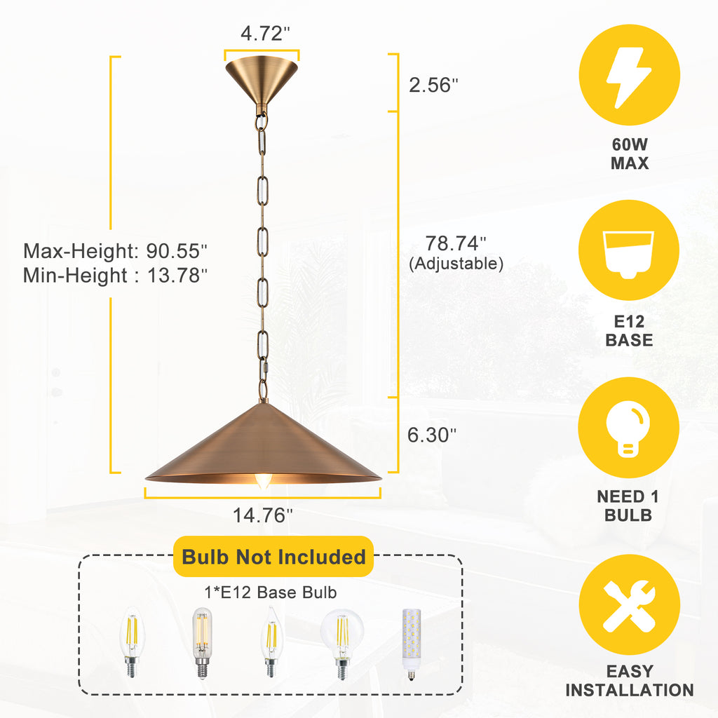 14.76 in. 60-Watt 1-Light Vintage Bronze Island Pendant Light with Cone Iron Shade for Kitchen, Dining Room