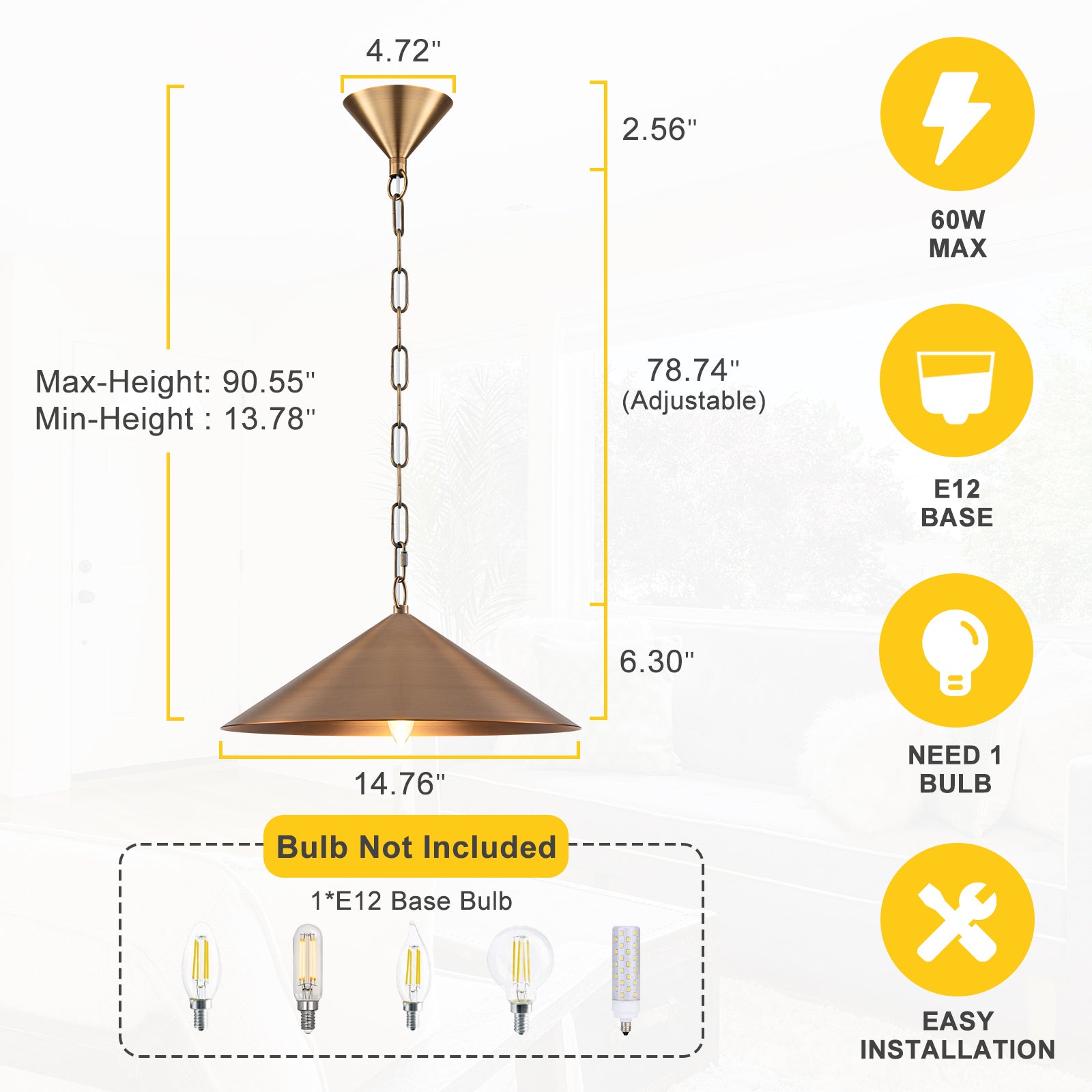 14.76 in. 60-Watt 1-Light Vintage Bronze Island Pendant Light with Cone Iron Shade for Kitchen, Dining Room