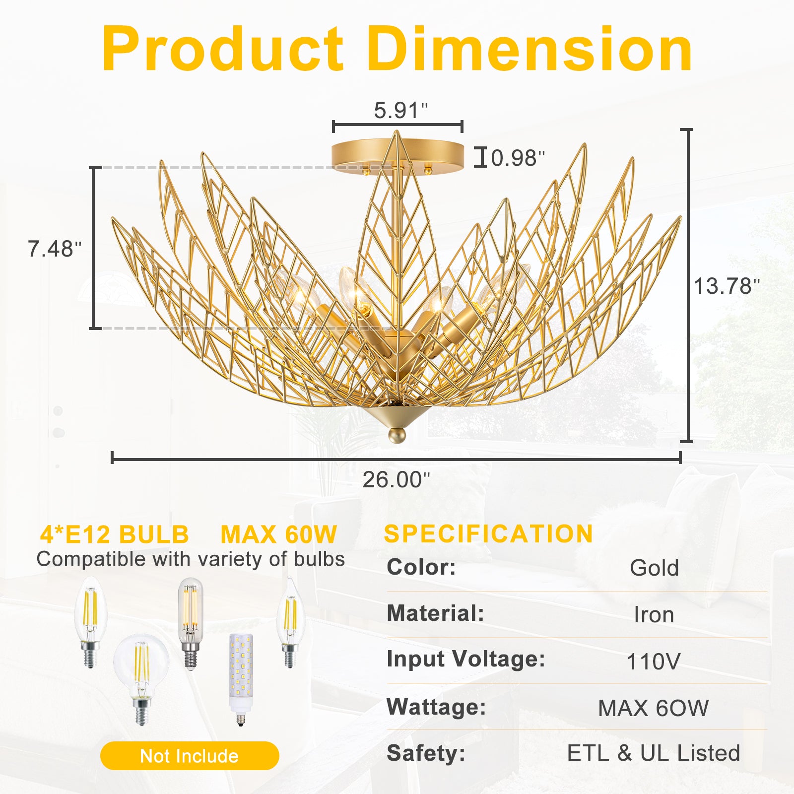 26 in. 4-Light Modern Luxury Gold Bowl Semi-Flush Mount Ceiling Light with Metal Leaf Shade