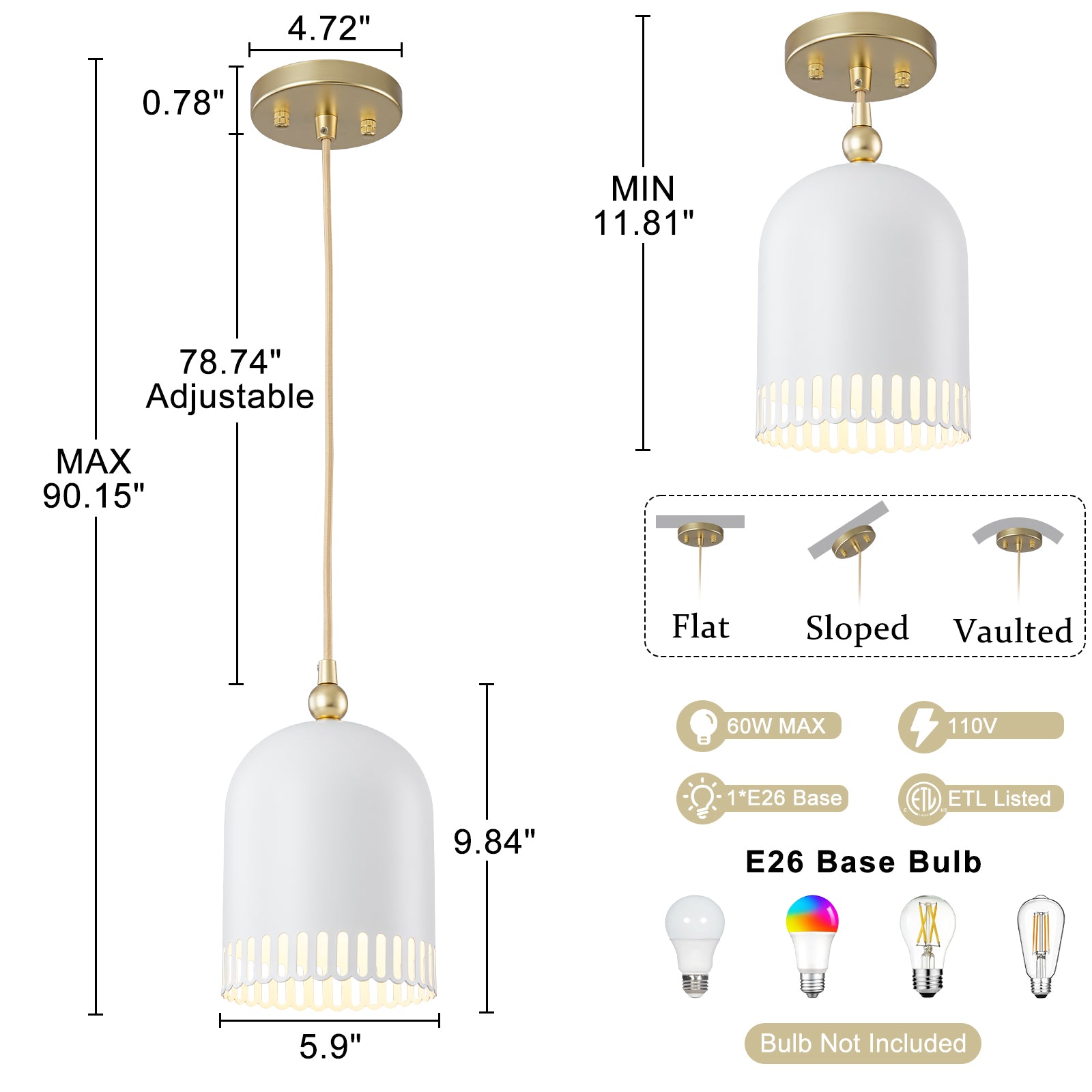 1-Light Gold Iron Semi-Domed Shape Pendant Light with Matte White Metal Shade Hollow Out Design for Living Room
