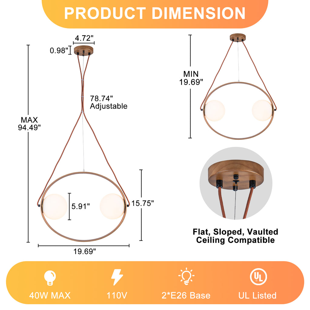 20 in. 2-Light Modern Walnut Oval Pendant Light with White Globe Glass Shades for Dining Room, Kitchen Island