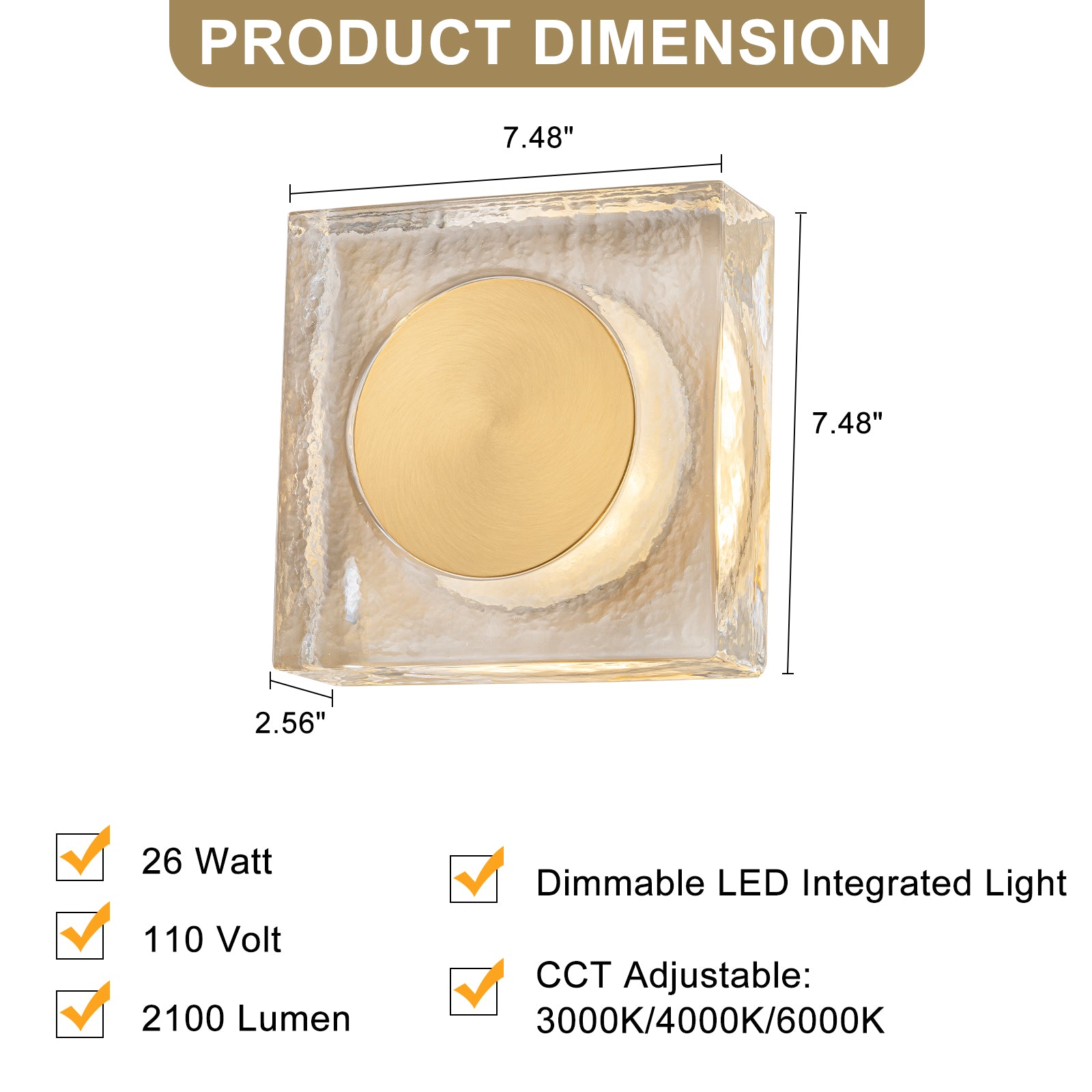 7.48 in. Modern Brass Square Dimmable Integrated LED Wall Sconce Clear Glass Bathroom Vanity Light