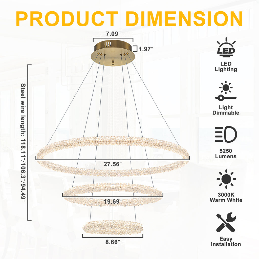 3-Light Modern Gold Ring Dimmable Integrated LED Chandelier Tiered Pendant Light with Crystal for Dining Room
