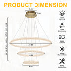 3-Light Modern Gold Ring Dimmable Integrated LED Chandelier Tiered Pendant Light with Crystal for Dining Room