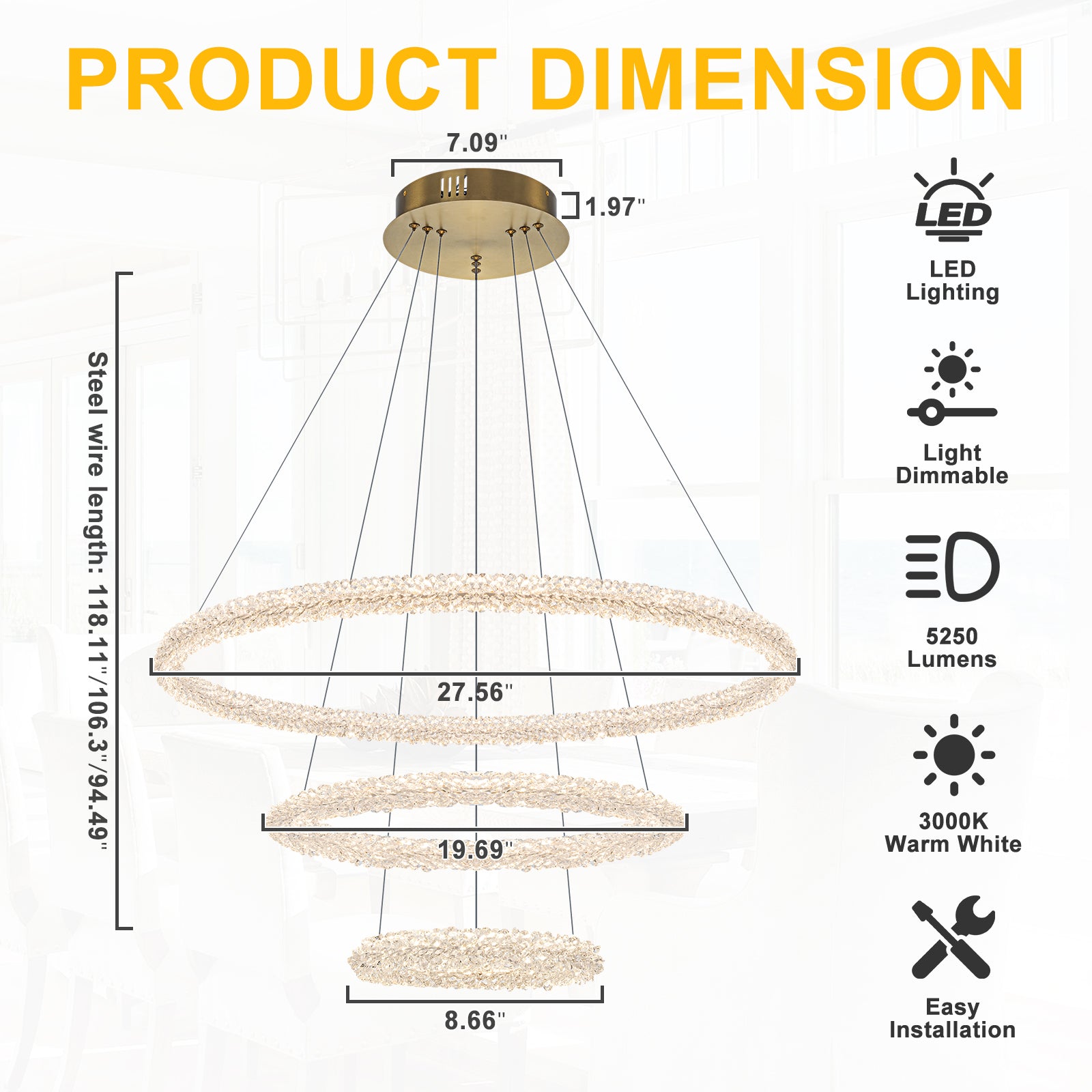 3-Light Modern Gold Ring Dimmable Integrated LED Chandelier Tiered Pendant Light with Crystal for Dining Room