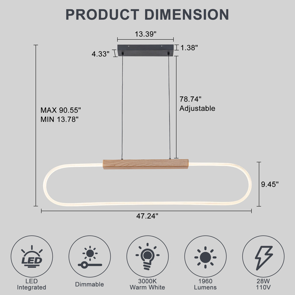 47.24 in. 1-Light Modern Black Linear Integrated LED Pendant Light Fixture with Wood Accent for Kitchen Island