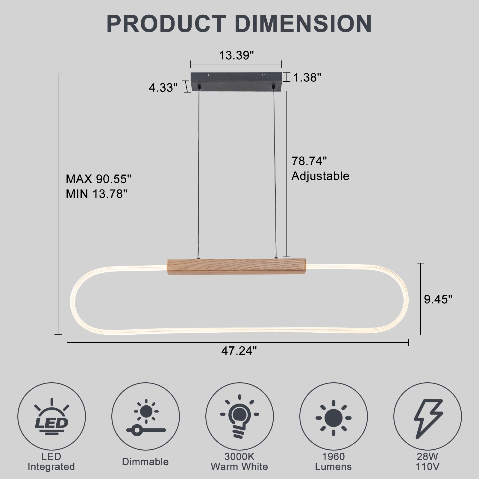 47.24 in. 1-Light Modern Black Linear Integrated LED Pendant Light Fixture with Wood Accent for Kitchen Island