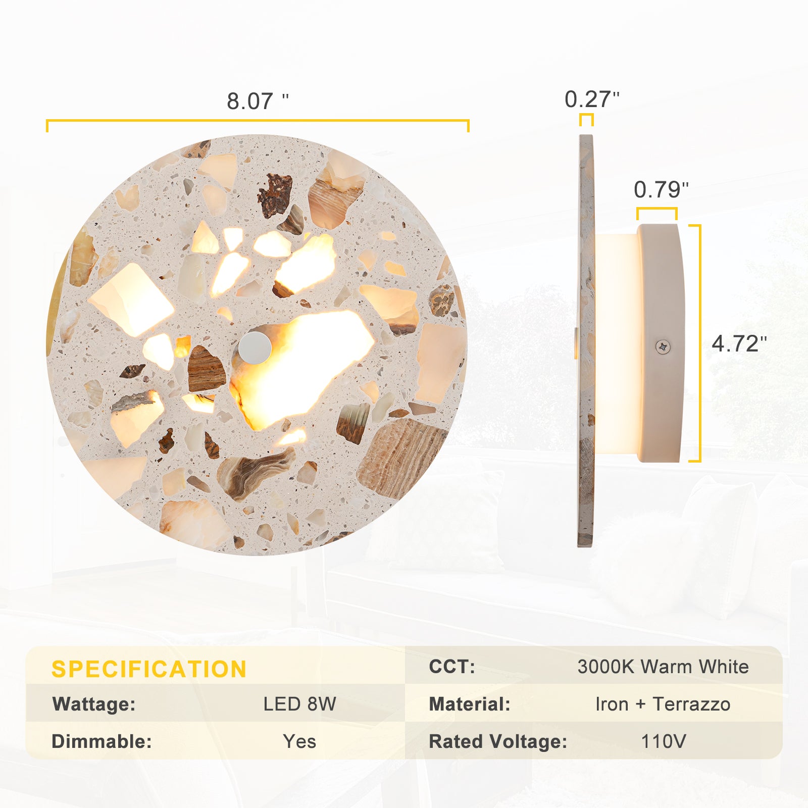 8.07 in. 1-Light Modern Round Dimmable LED Wall Sconce Light with Mable Terrazzo Shade for Bedroom Foyer Hallway