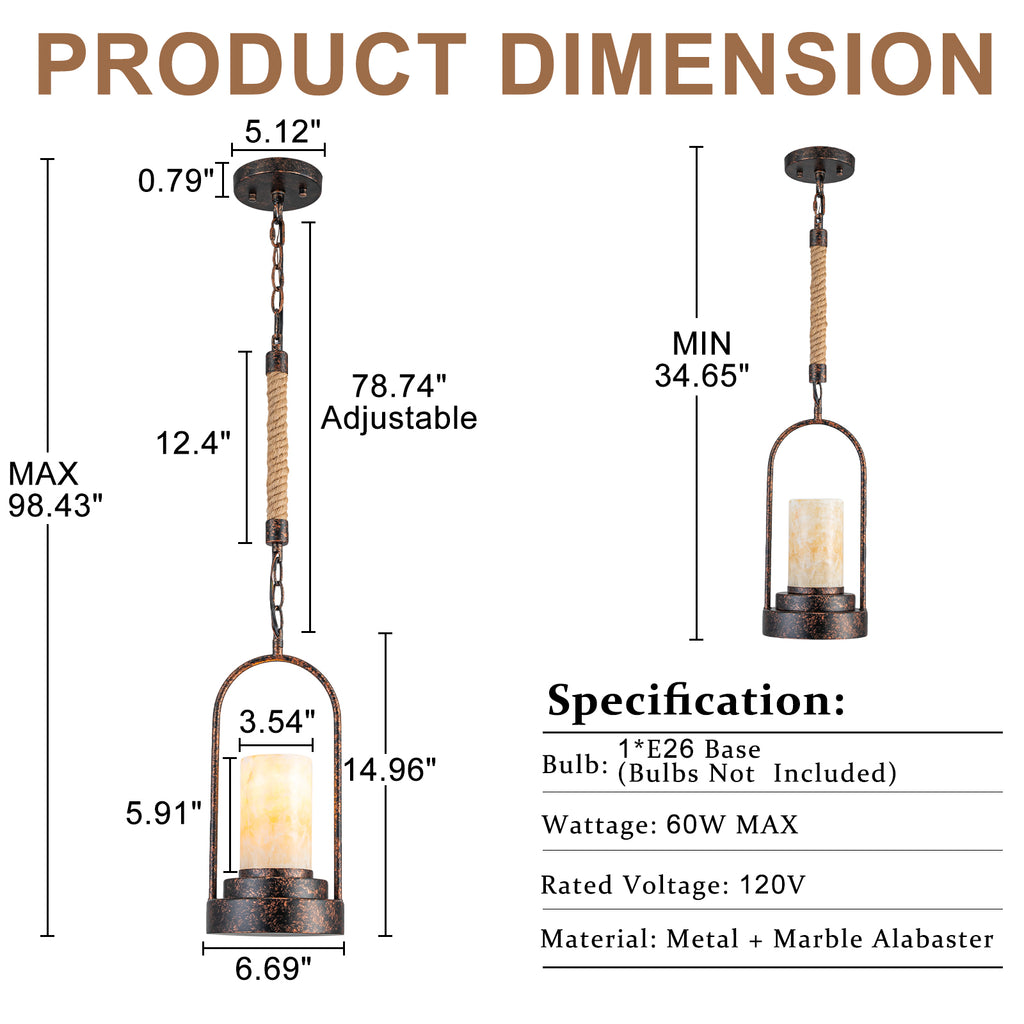 6.69 in. 1-Light Vintage Industrial U-Shaped Iron Pendant Light with Natural Onyx Shade
