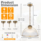 1-Light Industrial Brass Metal Dome Pendant Light with Clear Glass Shade for Kitchen Island, Dining Room