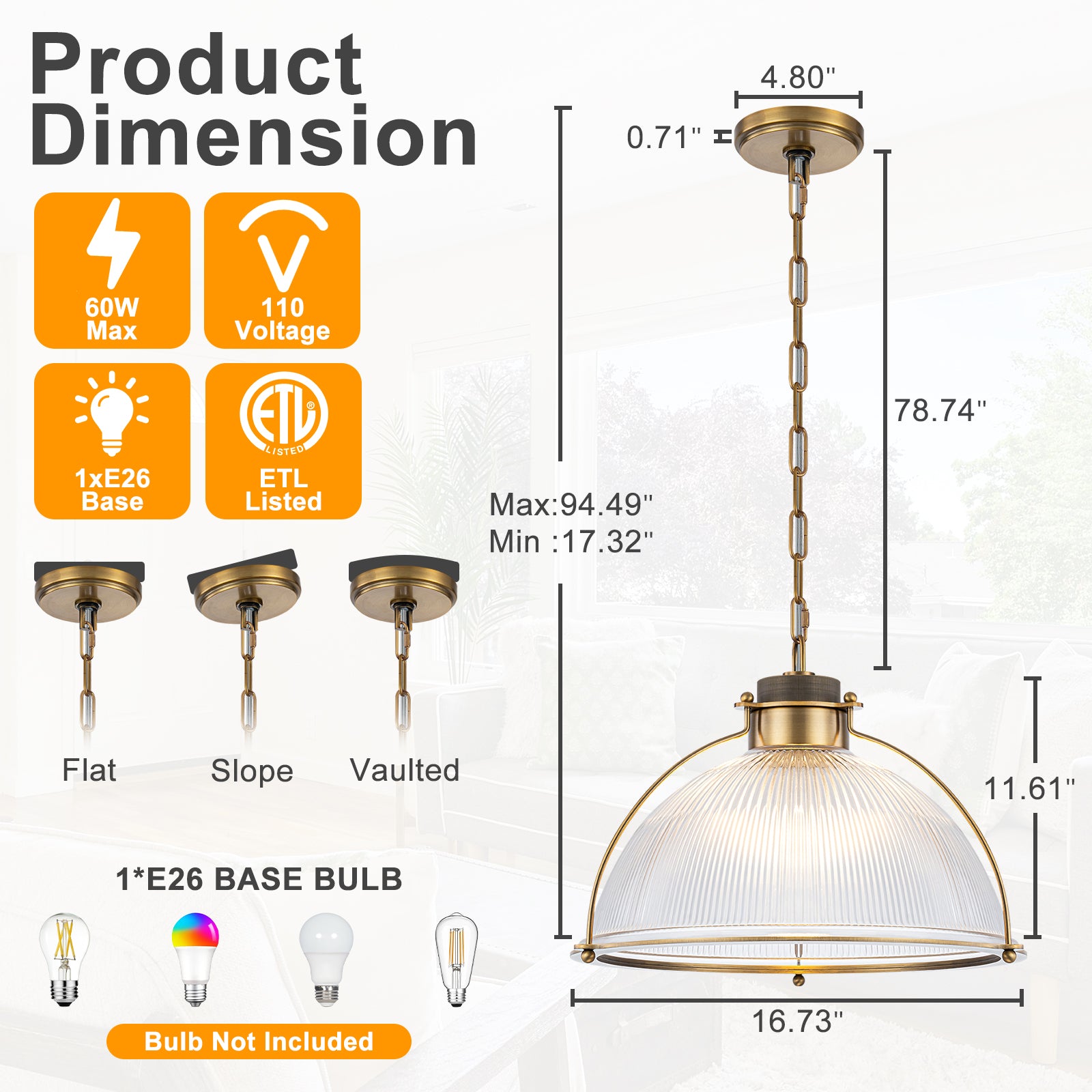 1-Light Industrial Brass Metal Dome Pendant Light with Clear Glass Shade for Kitchen Island, Dining Room