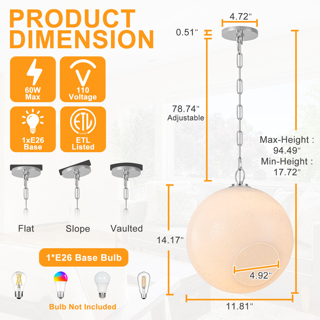 Chrome Modern Globe Hanging Pendant Light with White Bubble Glass Shade for Kitchen Island, Dining