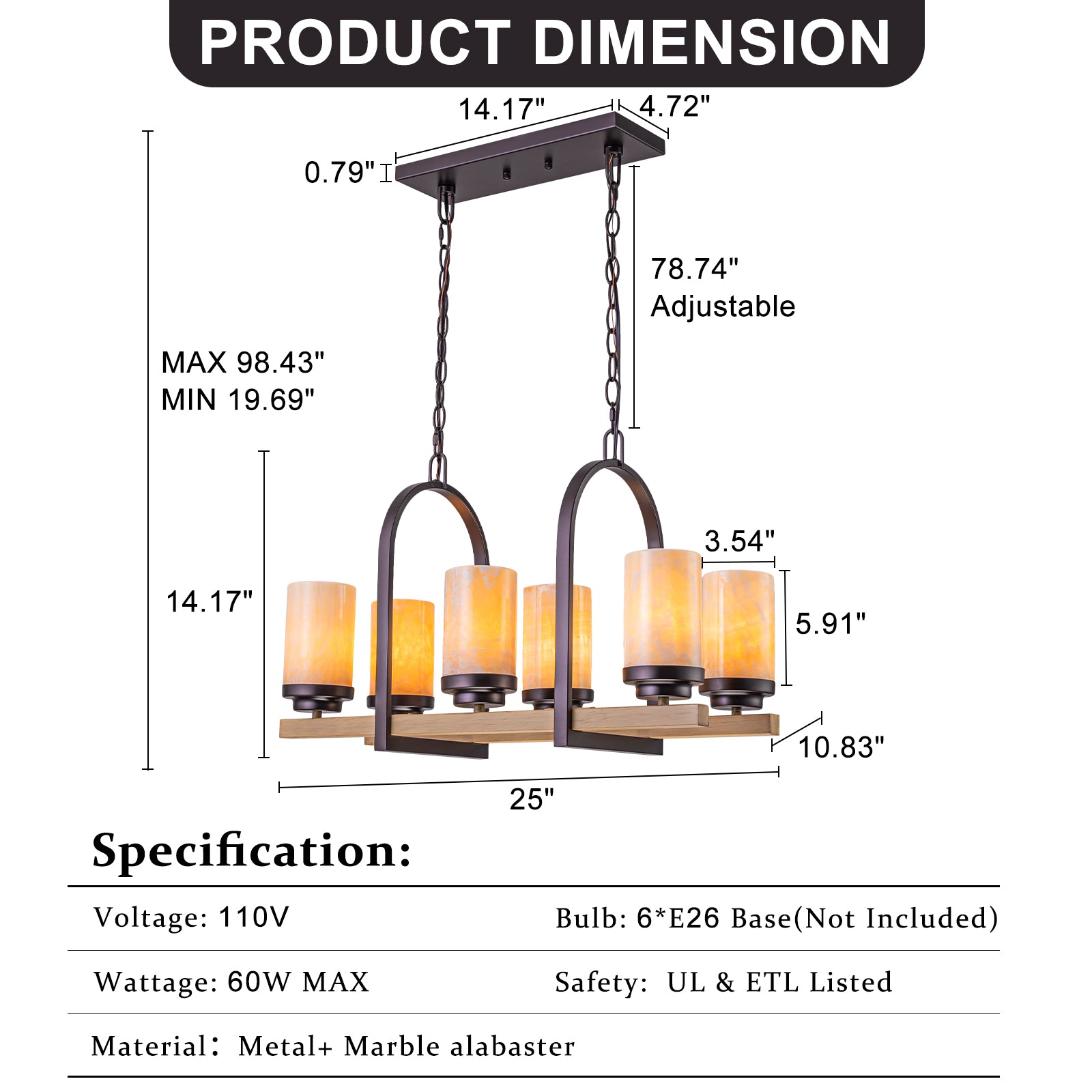 25 in. 6-Light Rustic Industrial Linear Coffee Brown Metal Pendant Light Chandelier with Marble Shades
