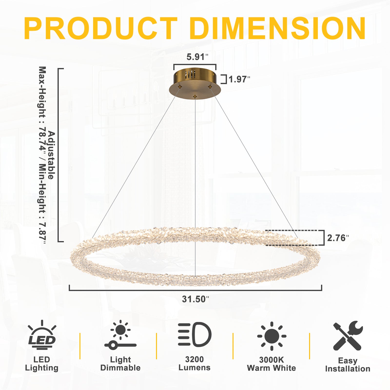 1-Light Modern Gold Metal Ring Crystal Integrated LED Pendant Light Dimmable Chandelier for Dining Room