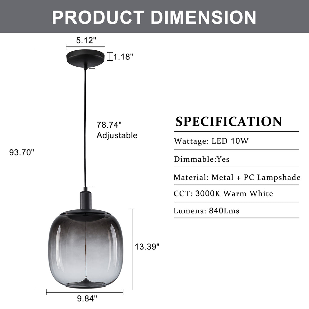 10-Watt 1-Light Modern Dimmable Integrated LED Pendant Light with Drum Shade for Kitchen Island
