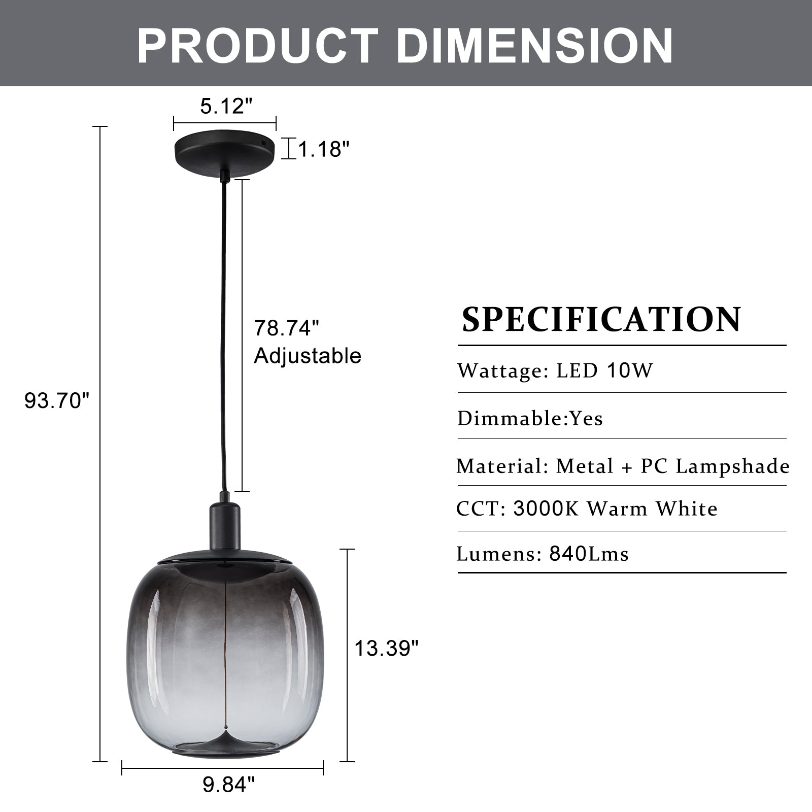 10-Watt 1-Light Modern Dimmable Integrated LED Pendant Light with Drum Shade for Kitchen Island