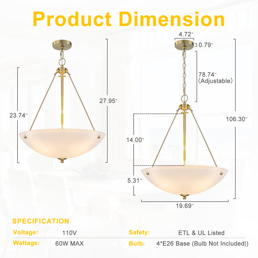19.69 in. 4-Light Modern Farmhouse Gold Metal Bowl Island Pendant Light with White Glass Shade for Kitchen