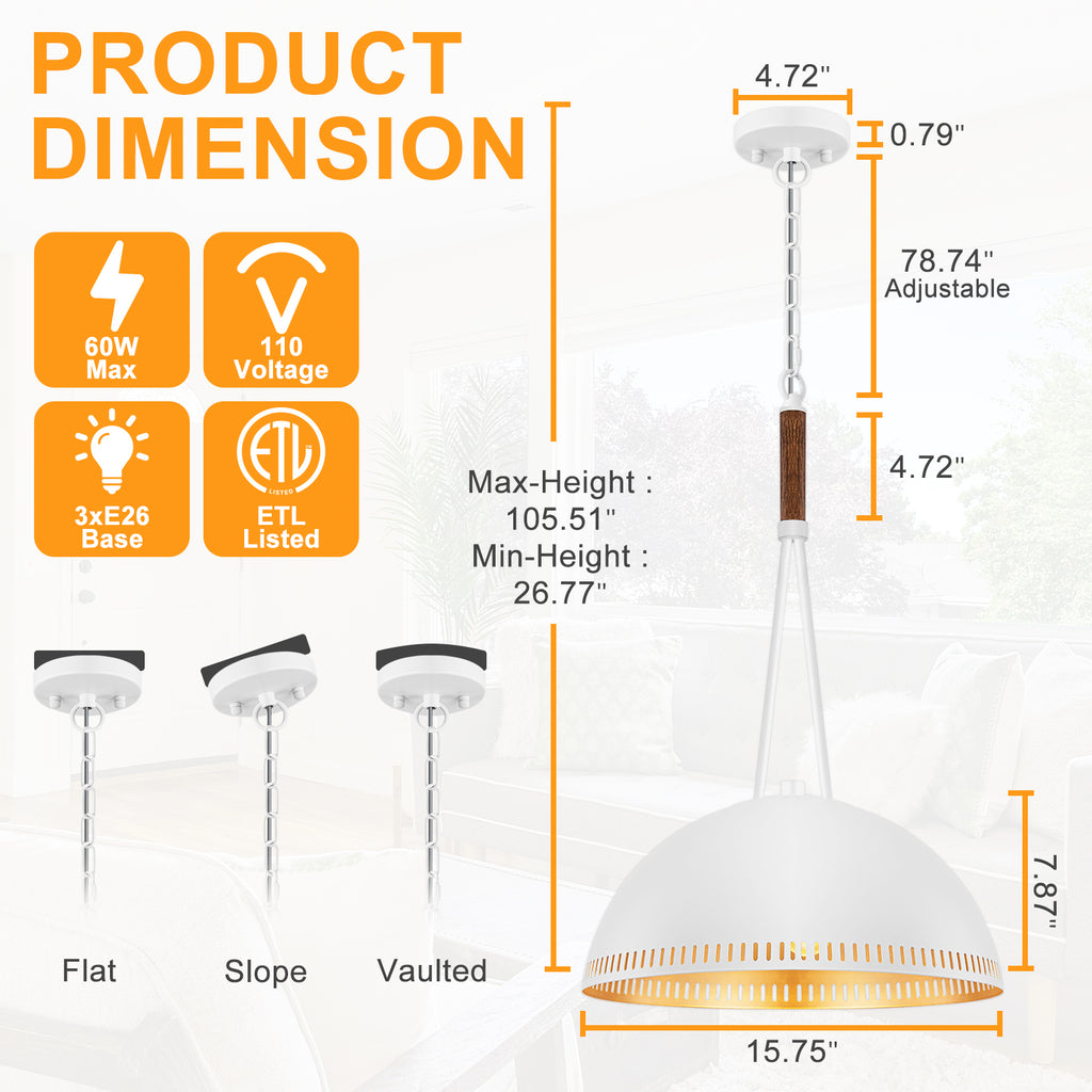15.75 in. 3-Light Vintage Industrial Metal Dome Pendant Light Chandelier with Iron Shade for Kitchen, Dining