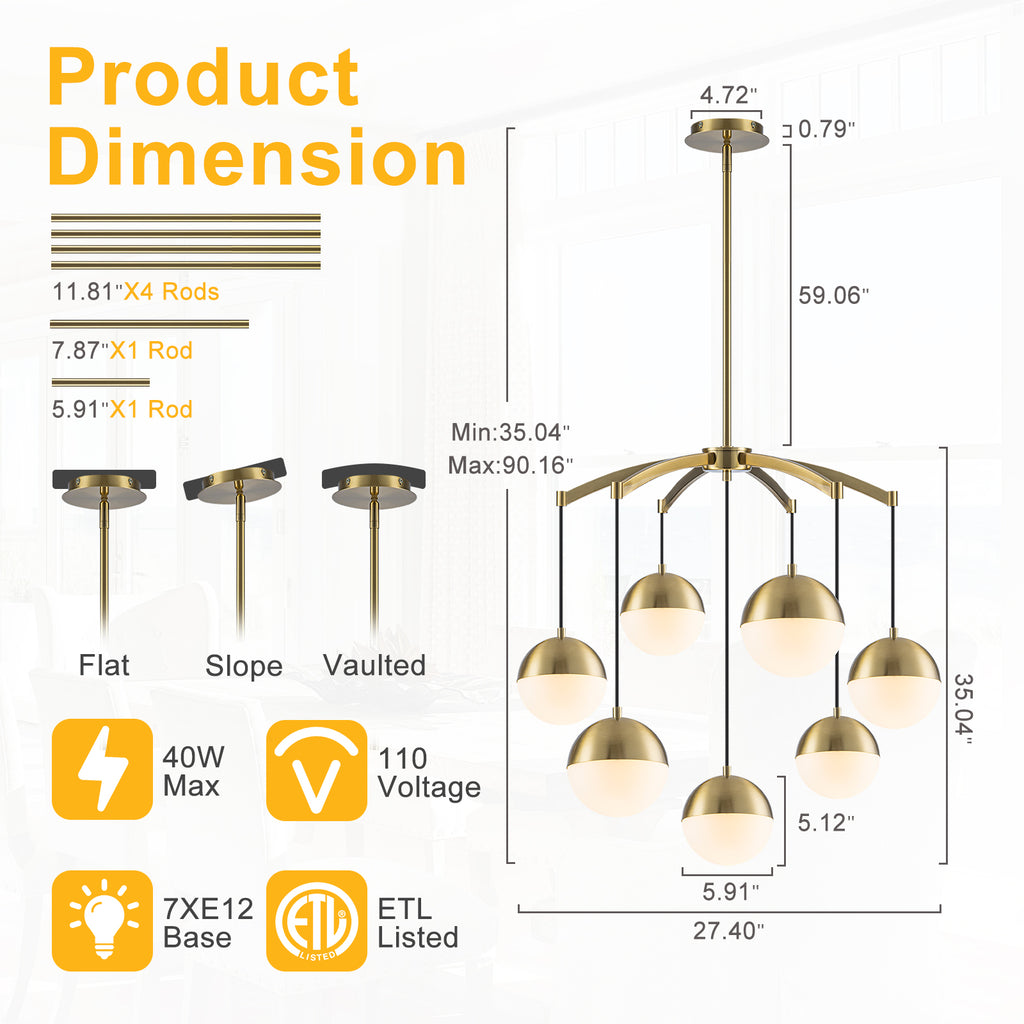 27.4 in. 7-Light Modern Brass Metal Globe Chandelier Hanging Light with White Glass Shades for Living Room