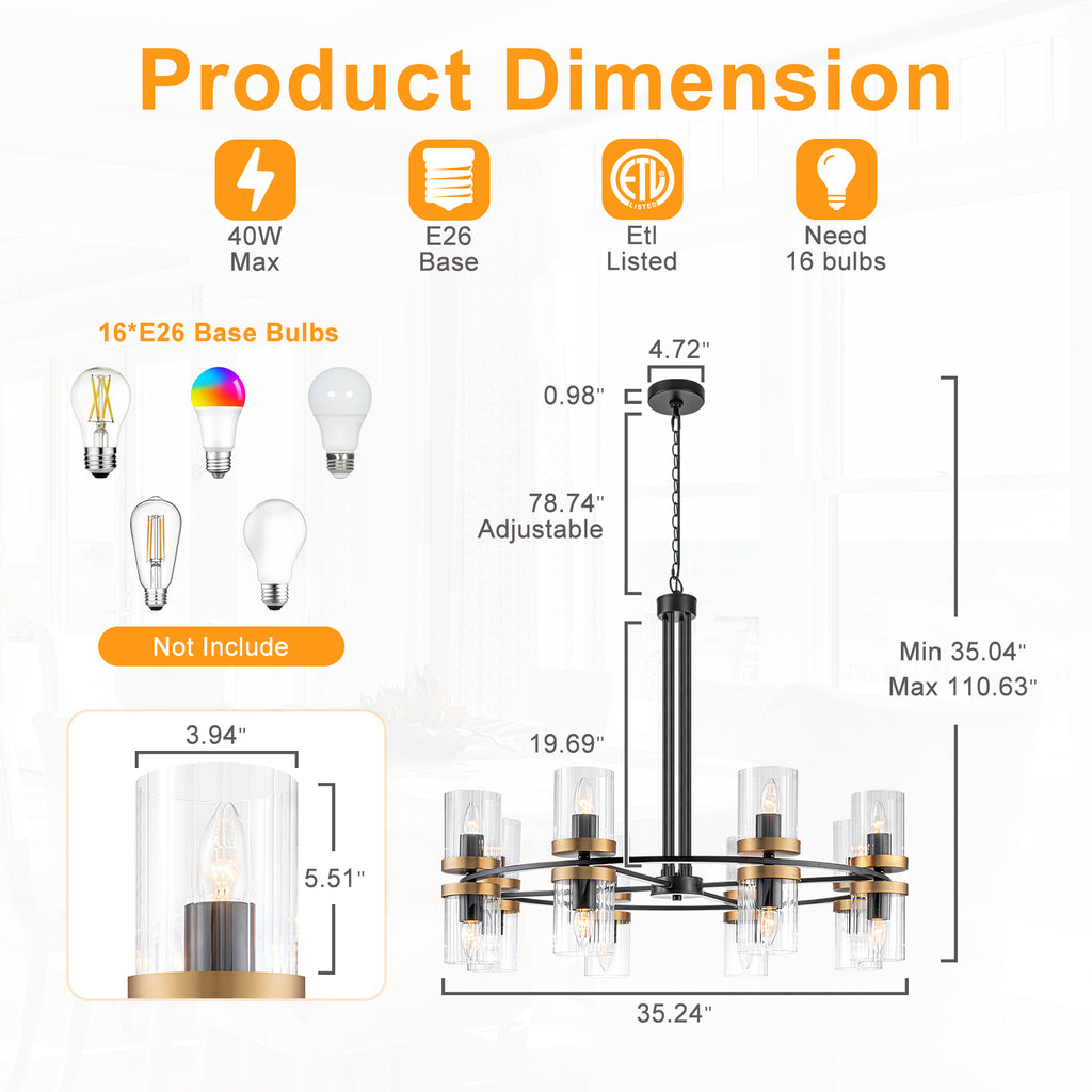 35.24 in. 16-Light Modern Luxury Black Gold Iron Chandelier Pendant Lighting with Glass Shades for Living Room, Dining