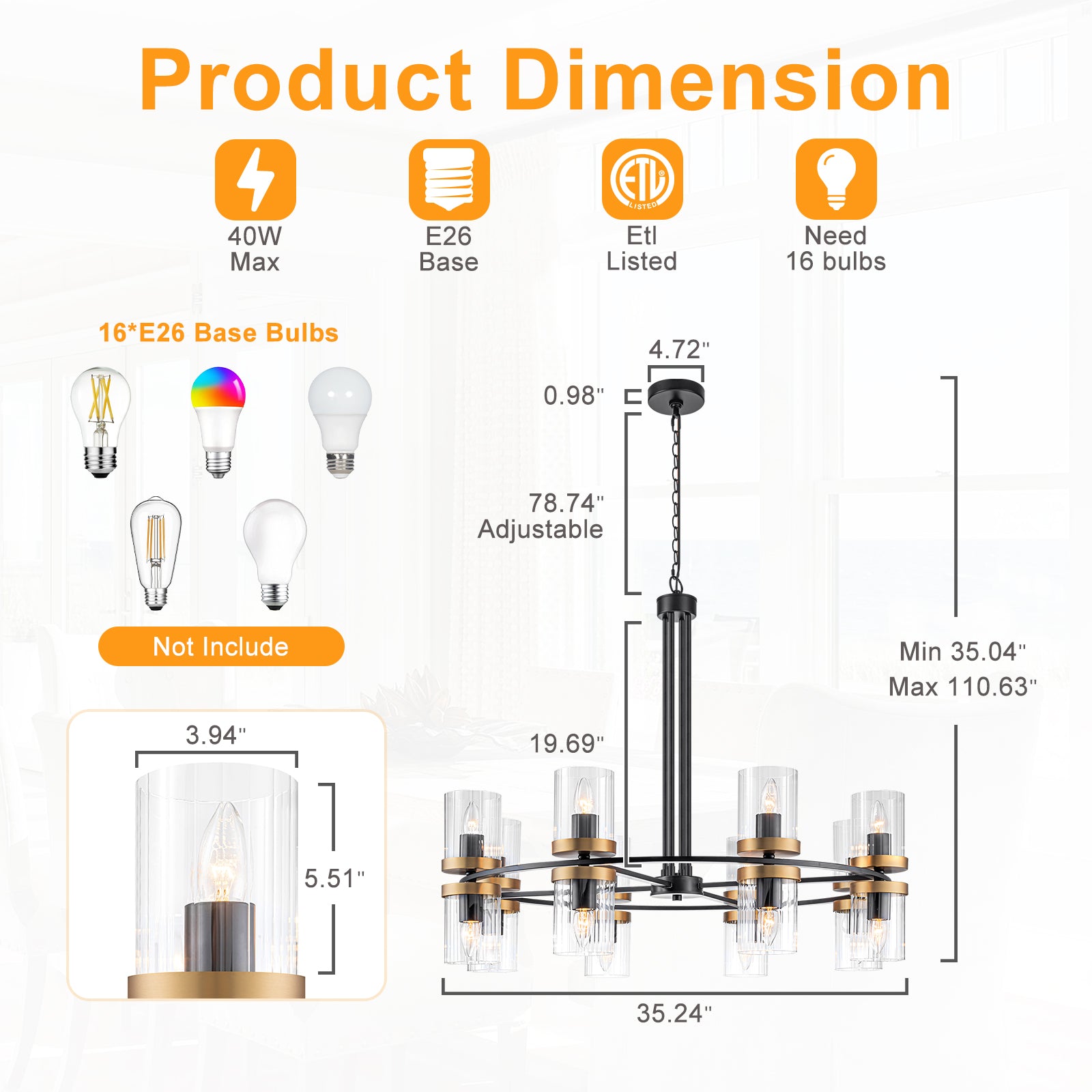 35.24 in. 16-Light Modern Luxury Black Gold Iron Chandelier Pendant Lighting with Glass Shades for Living Room, Dining
