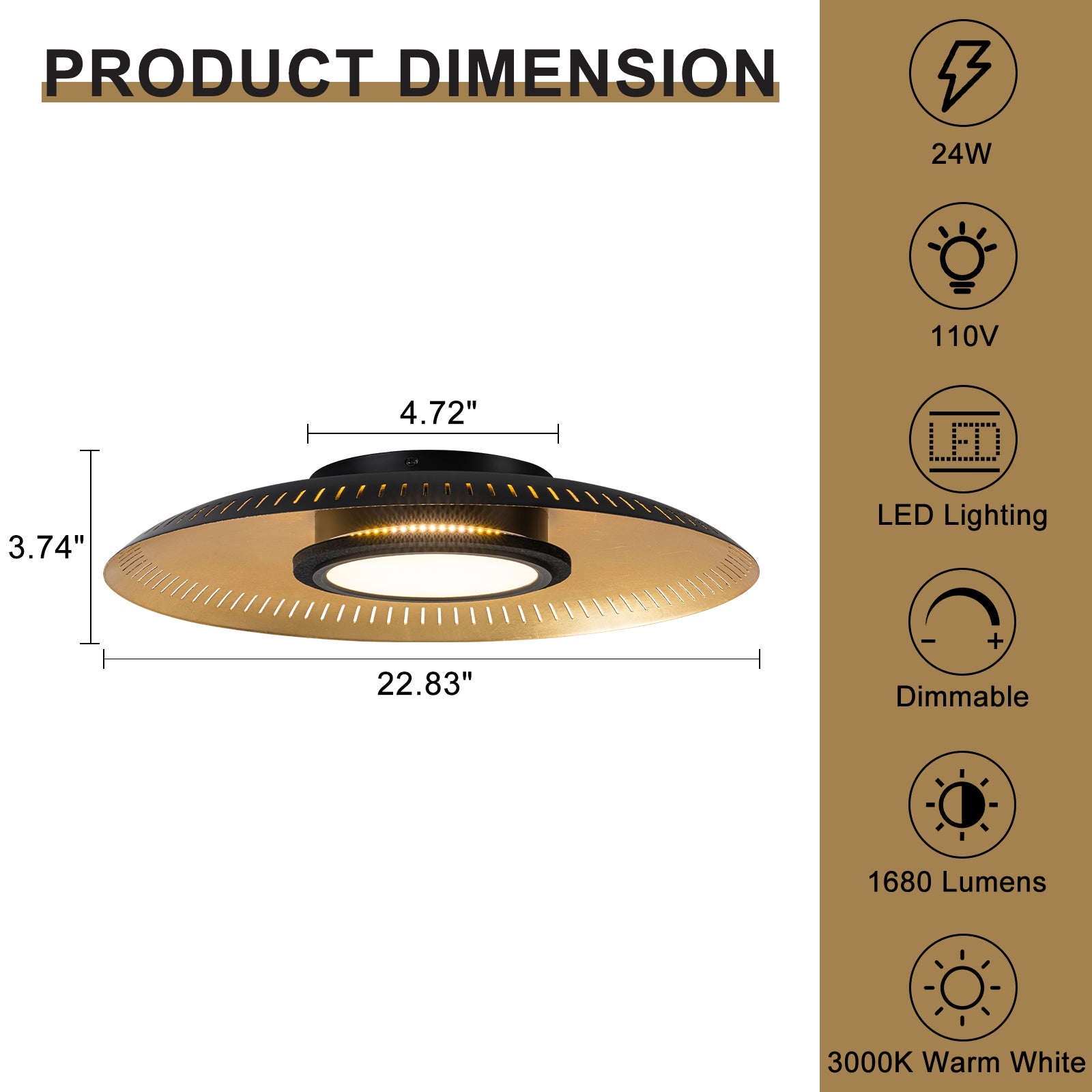 22.8 in. 1-Light Modern Industrial Black Dimmable LED Flush Mount Ceiling Light with Metal Dome Shade