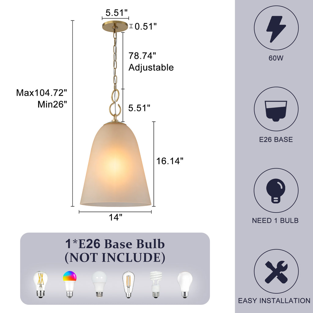 1-Light Modern Gold Bell Shaped Chandelier Hanging Light with Champagne-Colored Glass Shade for Dining Room
