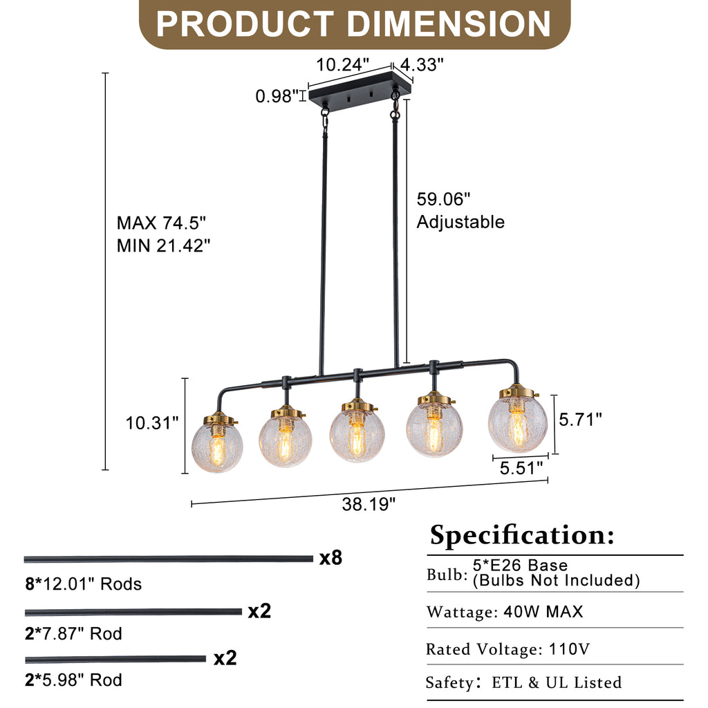 38 in. 5-Light Modern Matte Black Linear Pendant Light with Clear Globe Crackled Glass Shades Island Chandelier