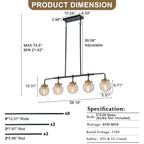 38 in. 5-Light Modern Matte Black Linear Pendant Light with Clear Globe Crackled Glass Shades Island Chandelier