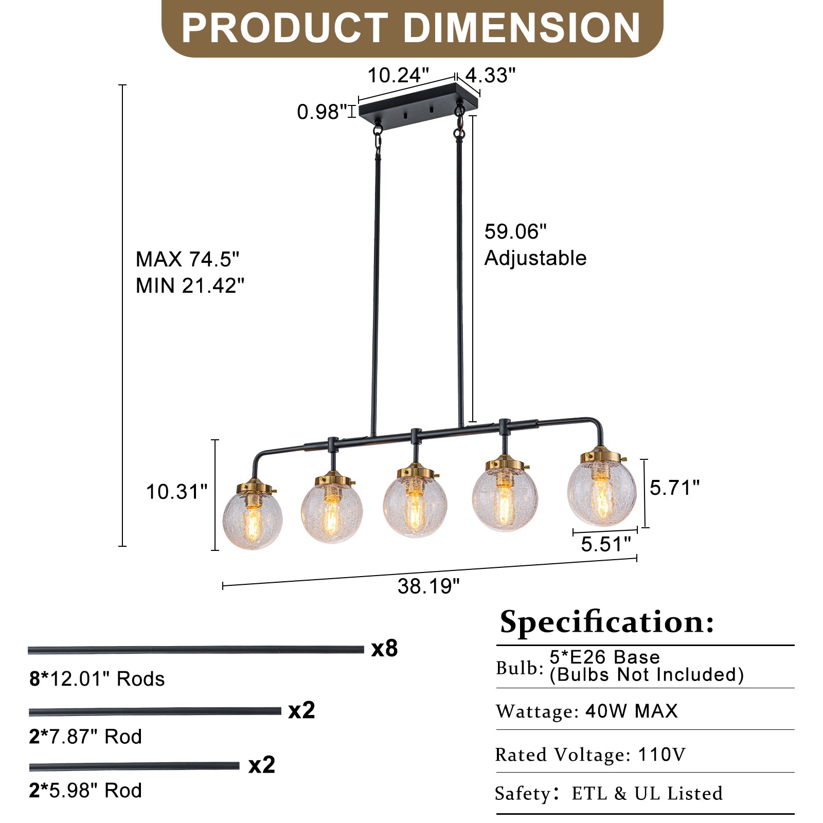 38 in. 5-Light Modern Matte Black Linear Pendant Light with Clear Globe Crackled Glass Shades Island Chandelier