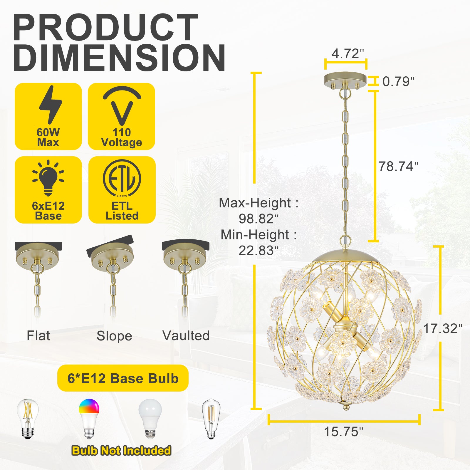 6-Light Modern Metal Gold Globe Cage Chandelier with Glass Flower Shade for Living Room, Dining, Bedroom
