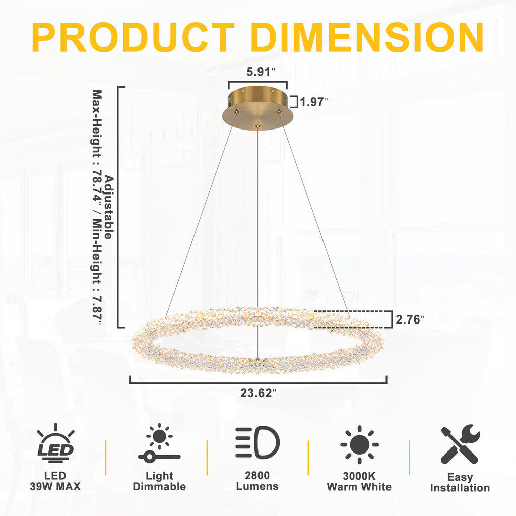 1-Light Modern Gold Metal Ring Crystal Integrated LED Pendant Light Dimmable Chandelier for Dining Room