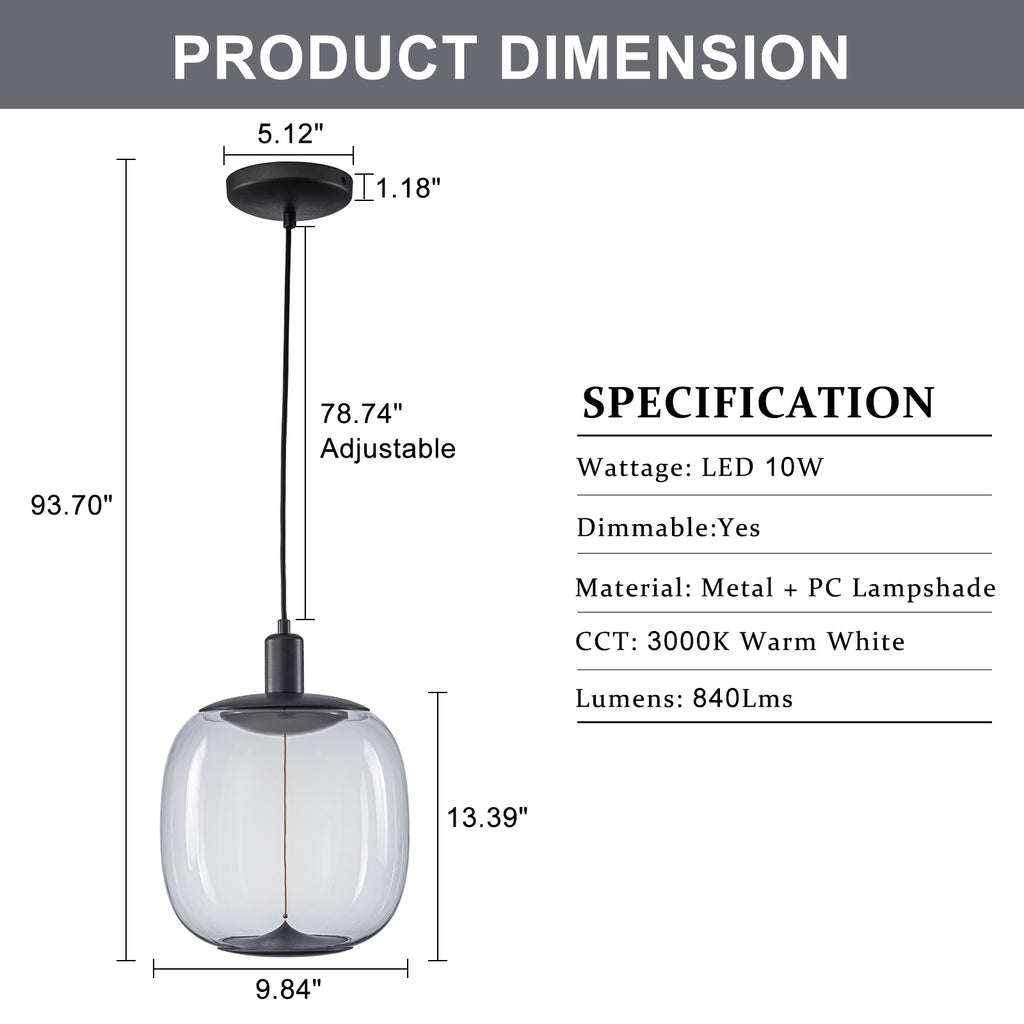 10-Watt 1-Light Modern Dimmable Integrated LED Pendant Light with Drum Shade for Kitchen Island