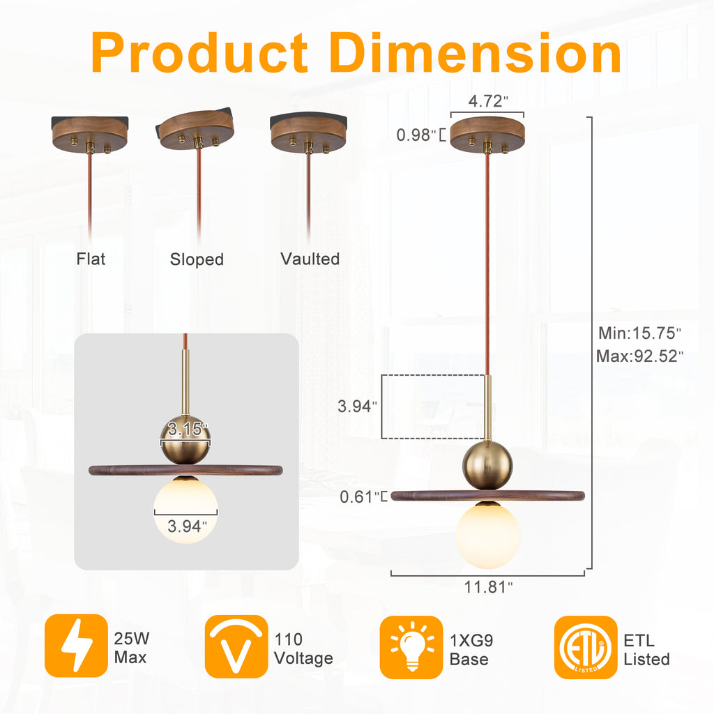 25-Watt 1-Light Modern Gold and Wood Pendant Light with White Globe Glass Shade for Bedroom