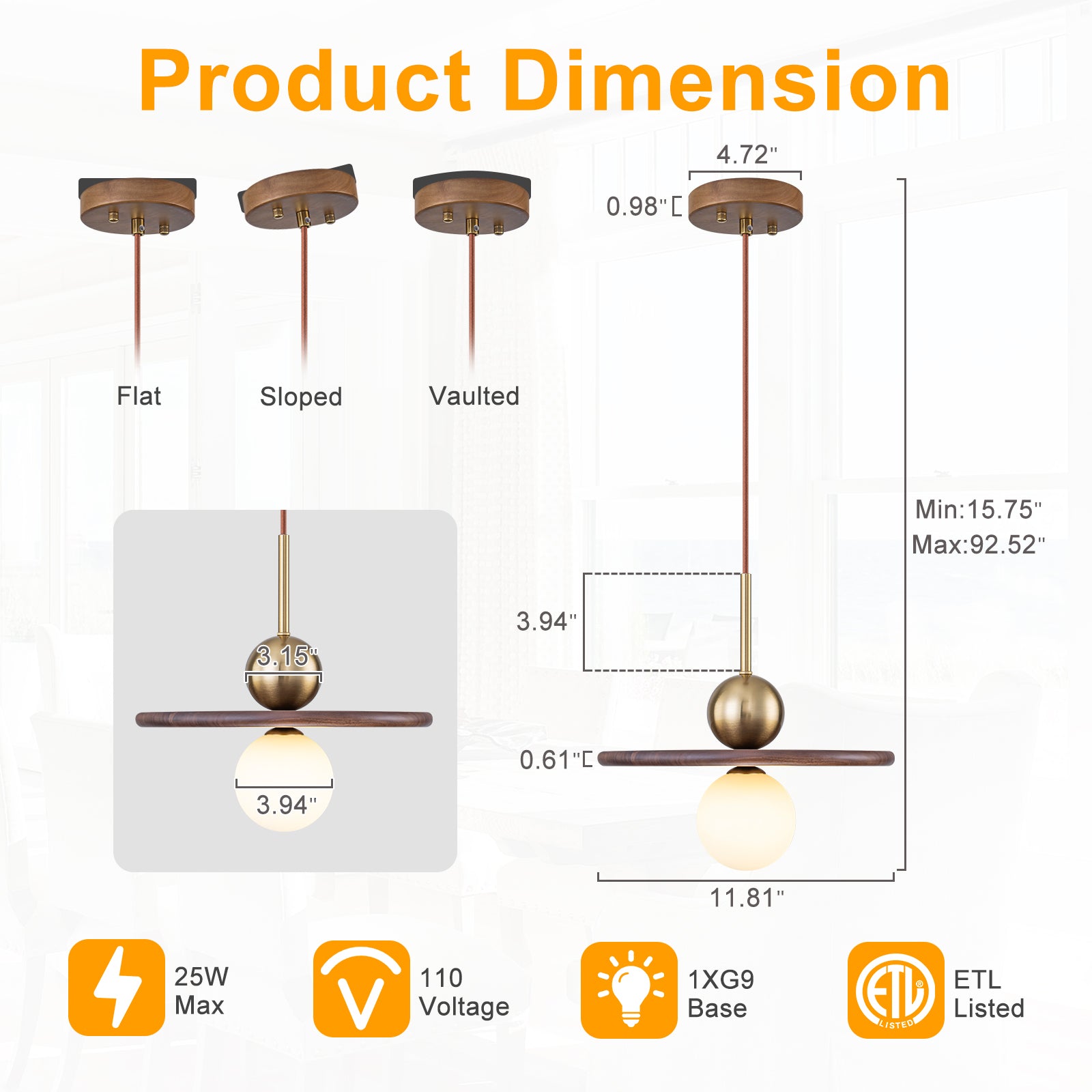 25-Watt 1-Light Modern Gold and Wood Pendant Light with White Globe Glass Shade for Bedroom