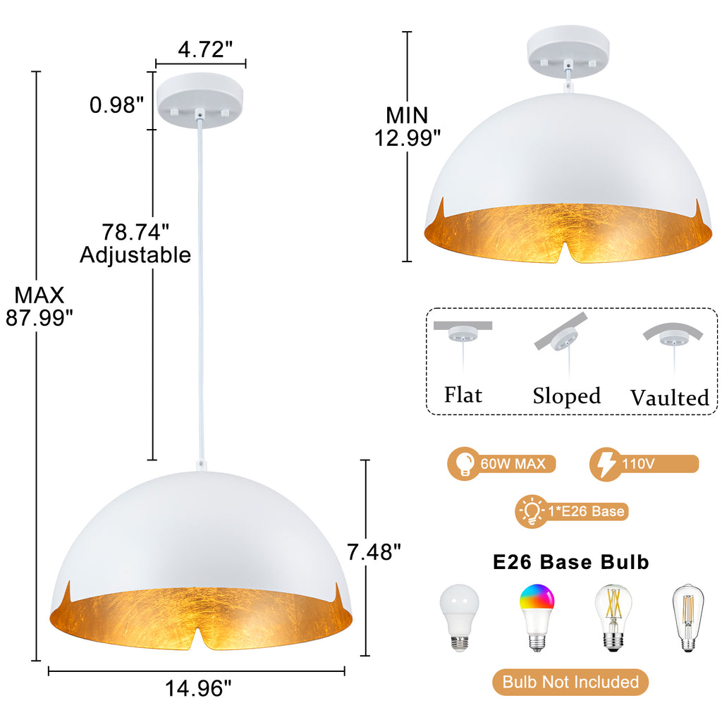 14.96 in. 1-Light Industrial Metal Black/White Dome Pendant Light with Iron Shade for Dining Rooms, Kitchens