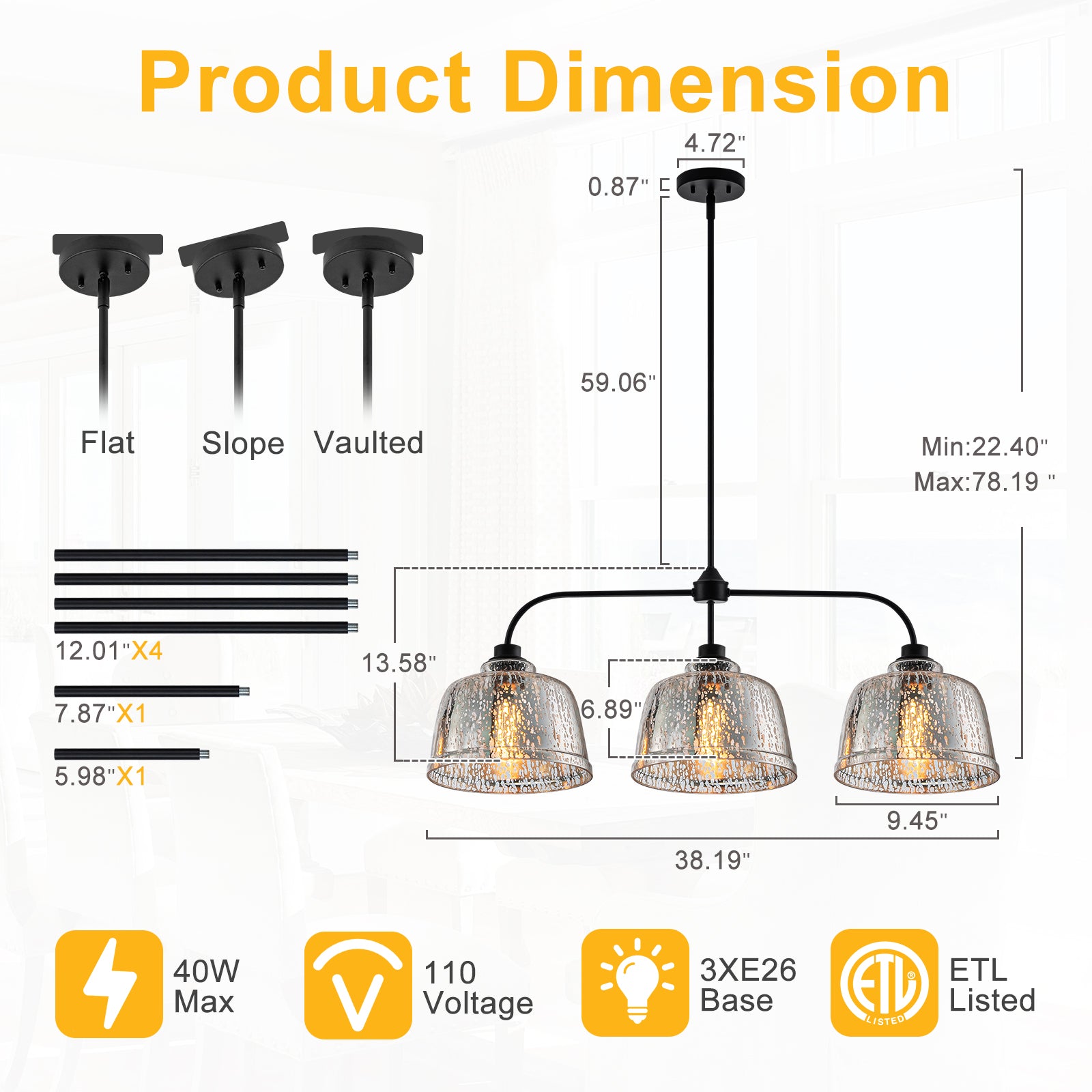 39 in. 3-Light Modern Matte Black Linear Chandelier with Textured Glass Shades for Kitchen Island