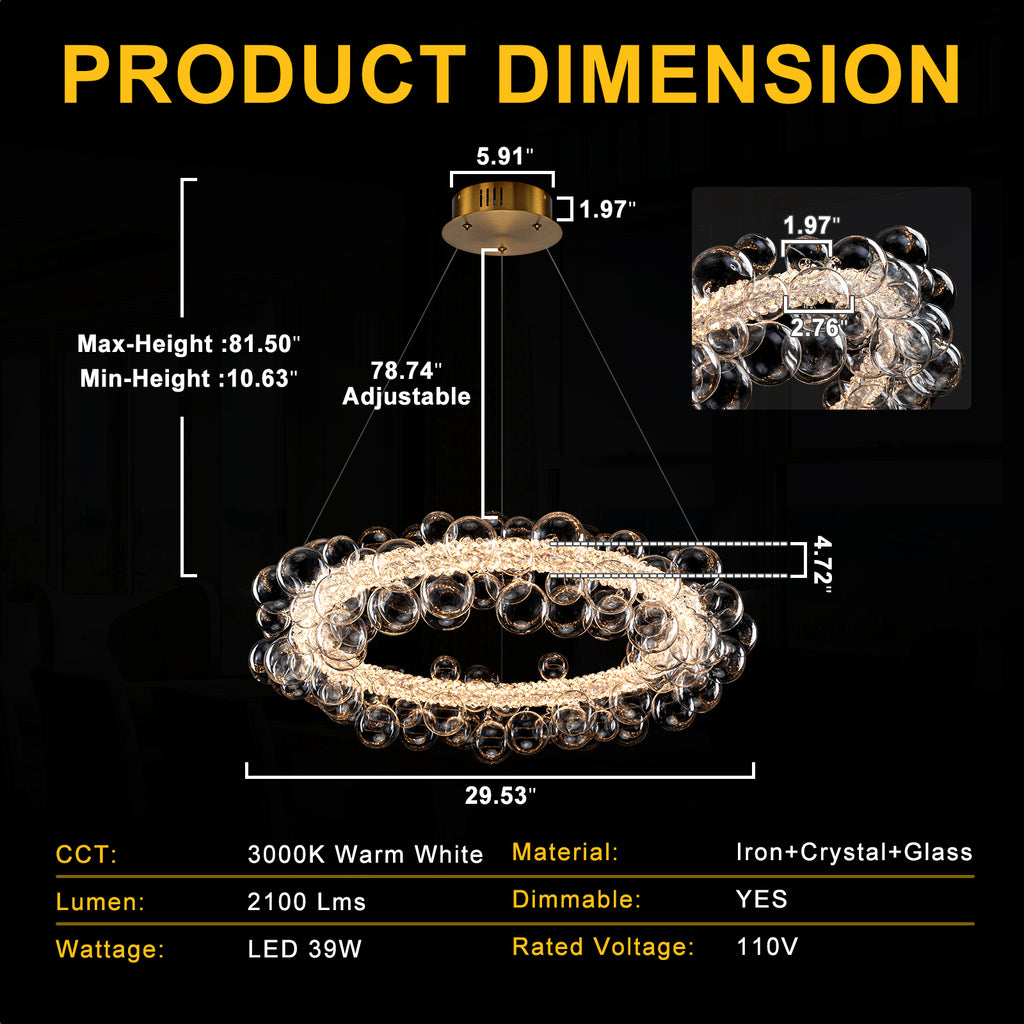 1-Light Gold Modern Round Globe Crystal Integrated LED Chandelier Dimmable Pendant Light with Glass Bubbles