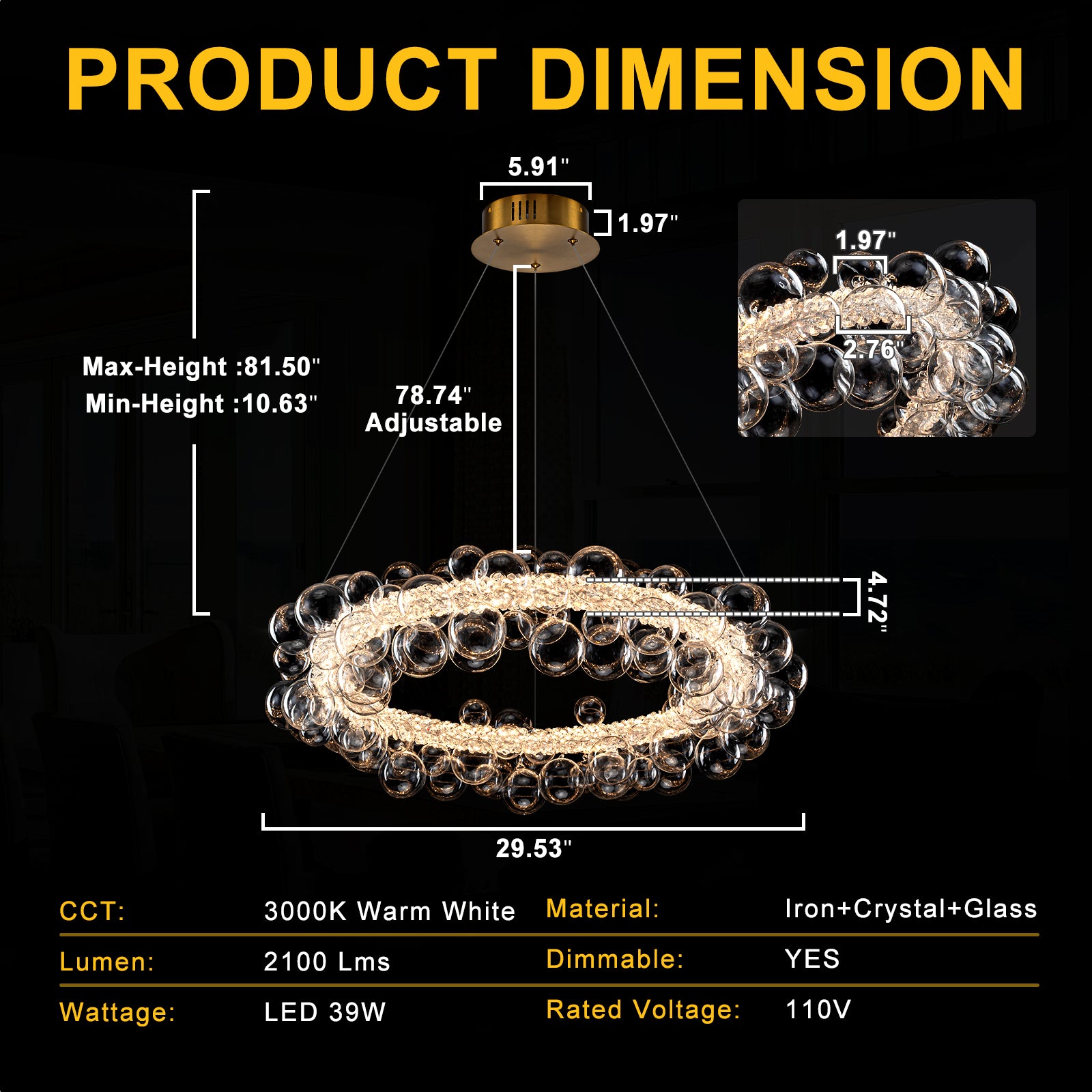 1-Light Gold Modern Round Globe Crystal Integrated LED Chandelier Dimmable Pendant Light with Glass Bubbles