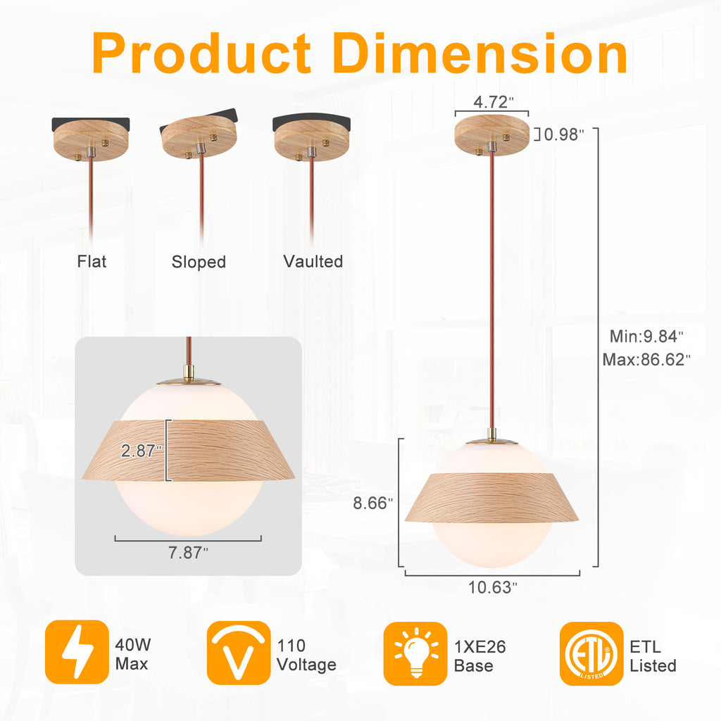 10.63 in. 1-Light Wooden Globe Hanging Pendant Light with White Glass Shade for Kitchen Island, Bedroom